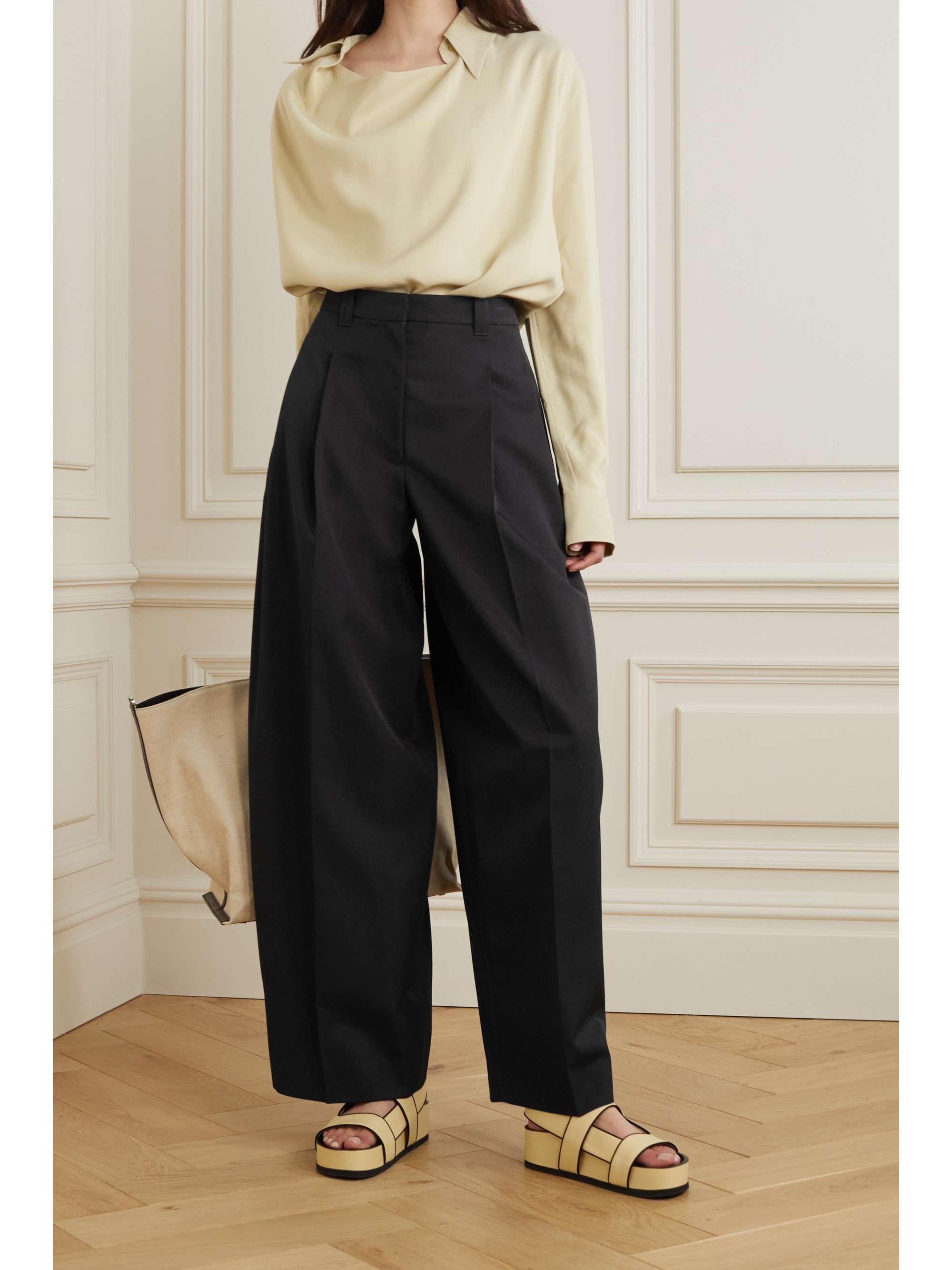 Black Pleated wool-blend twill wide-leg 