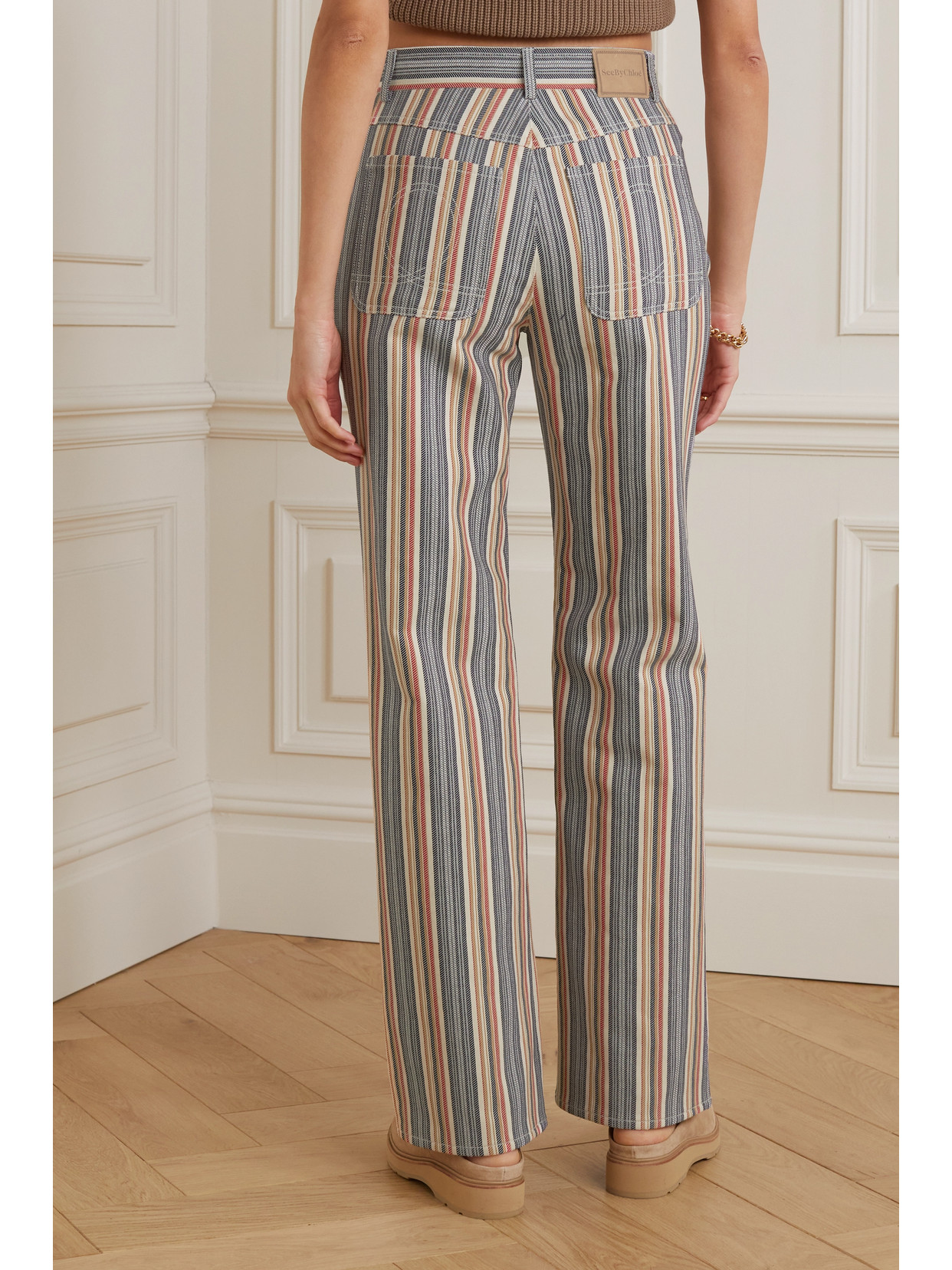 See By Chloé Striped High-rise Flared Organic Jeans In Multi