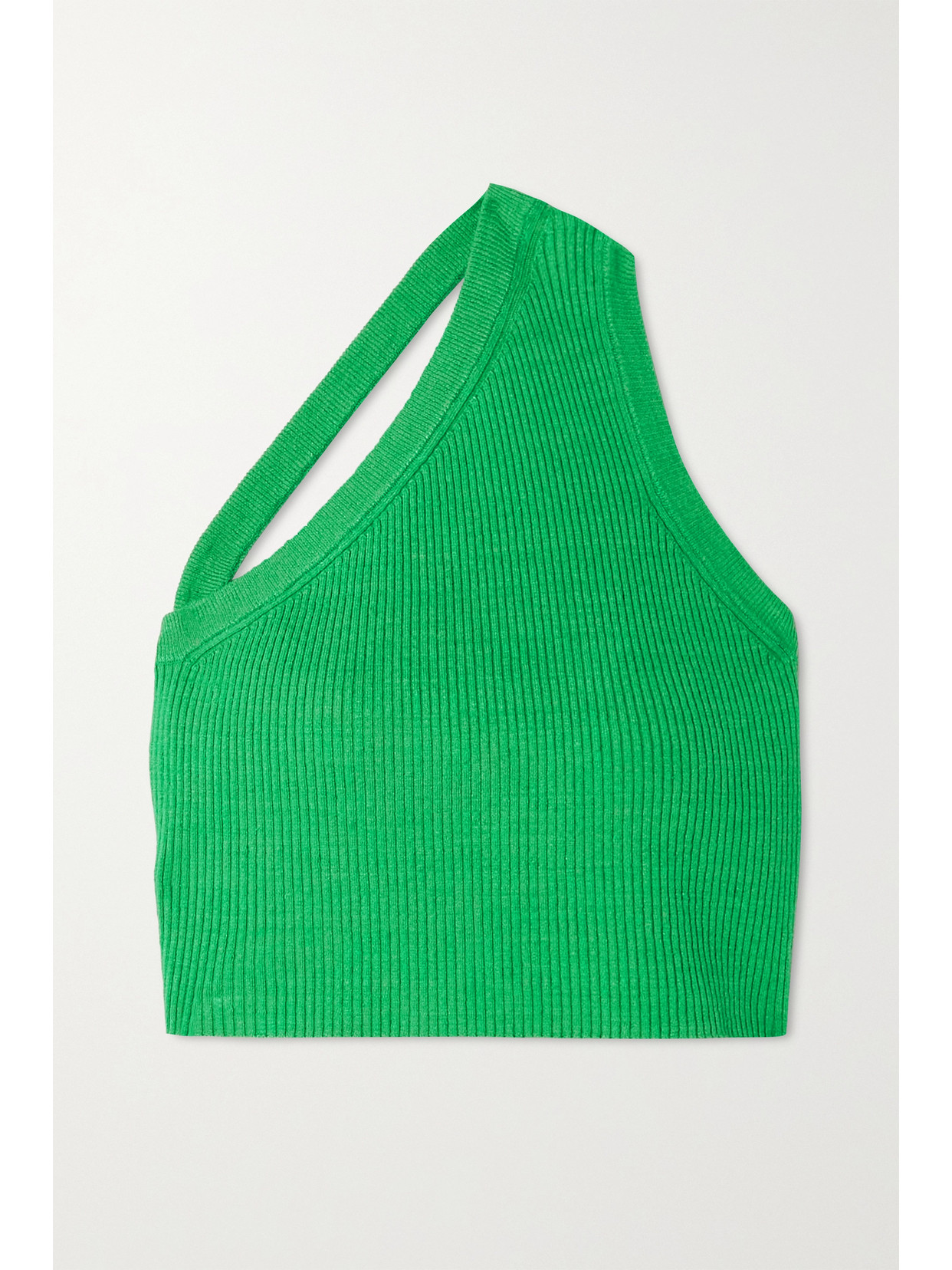 Jacquemus Ascu Cropped Open-back One-shoulder Ribbed Linen-blend Top In Green