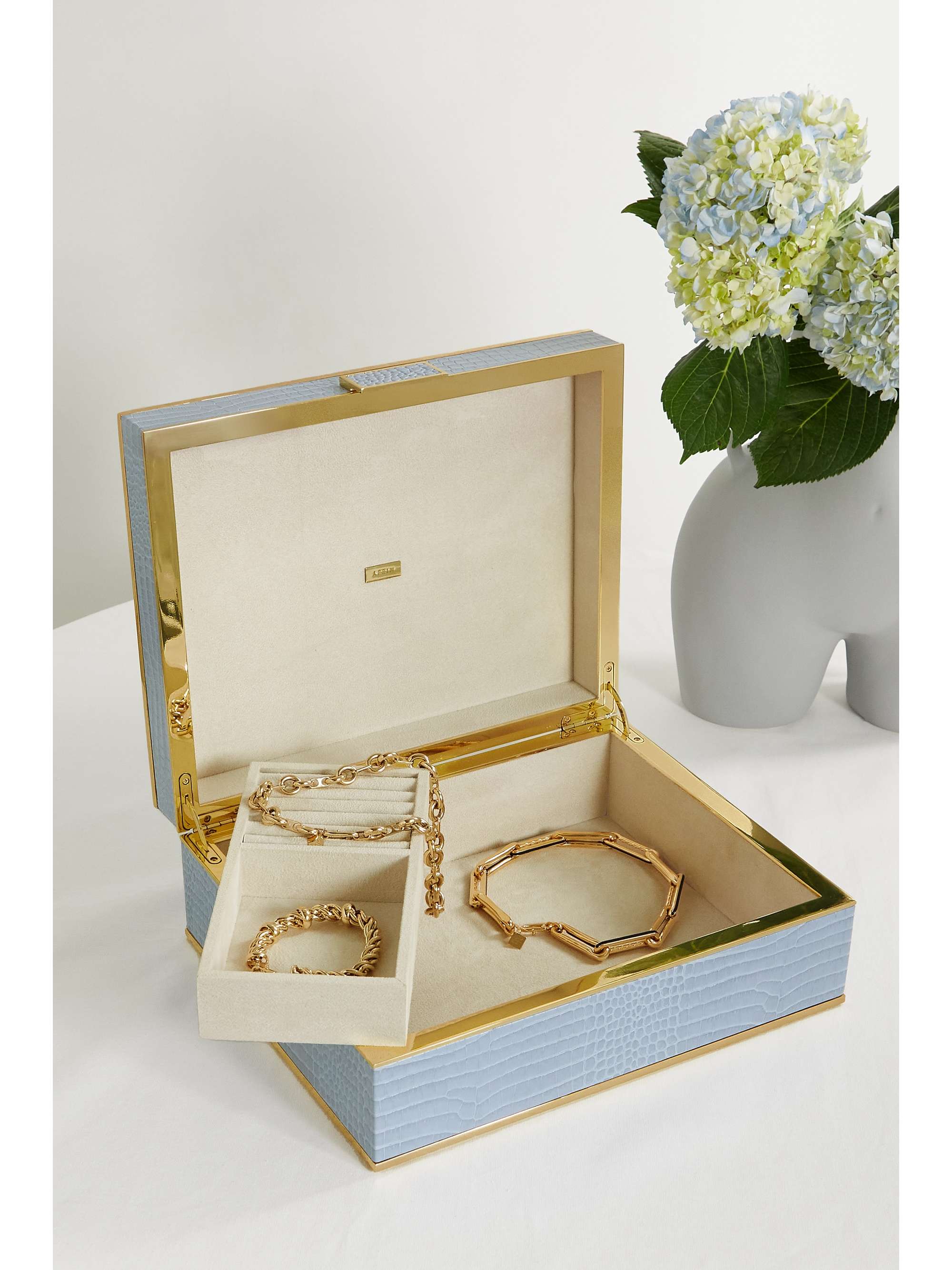 AERIN Boîte à bijoux en cuir effet croco et en métal doré Large