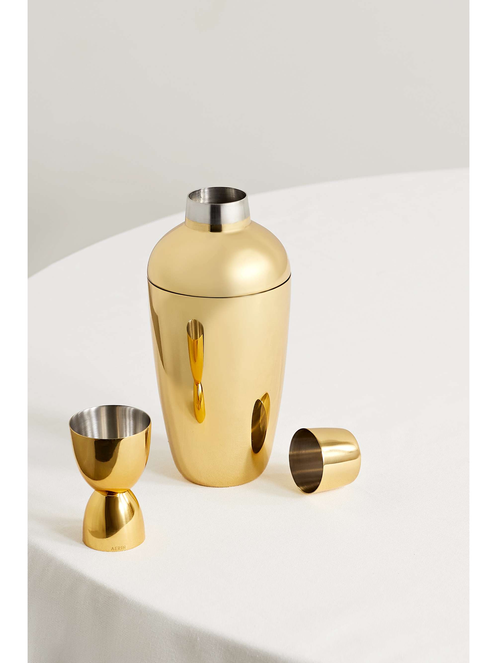 AERIN Fausto gold-plated stainless steel cocktail shaker and jigger set