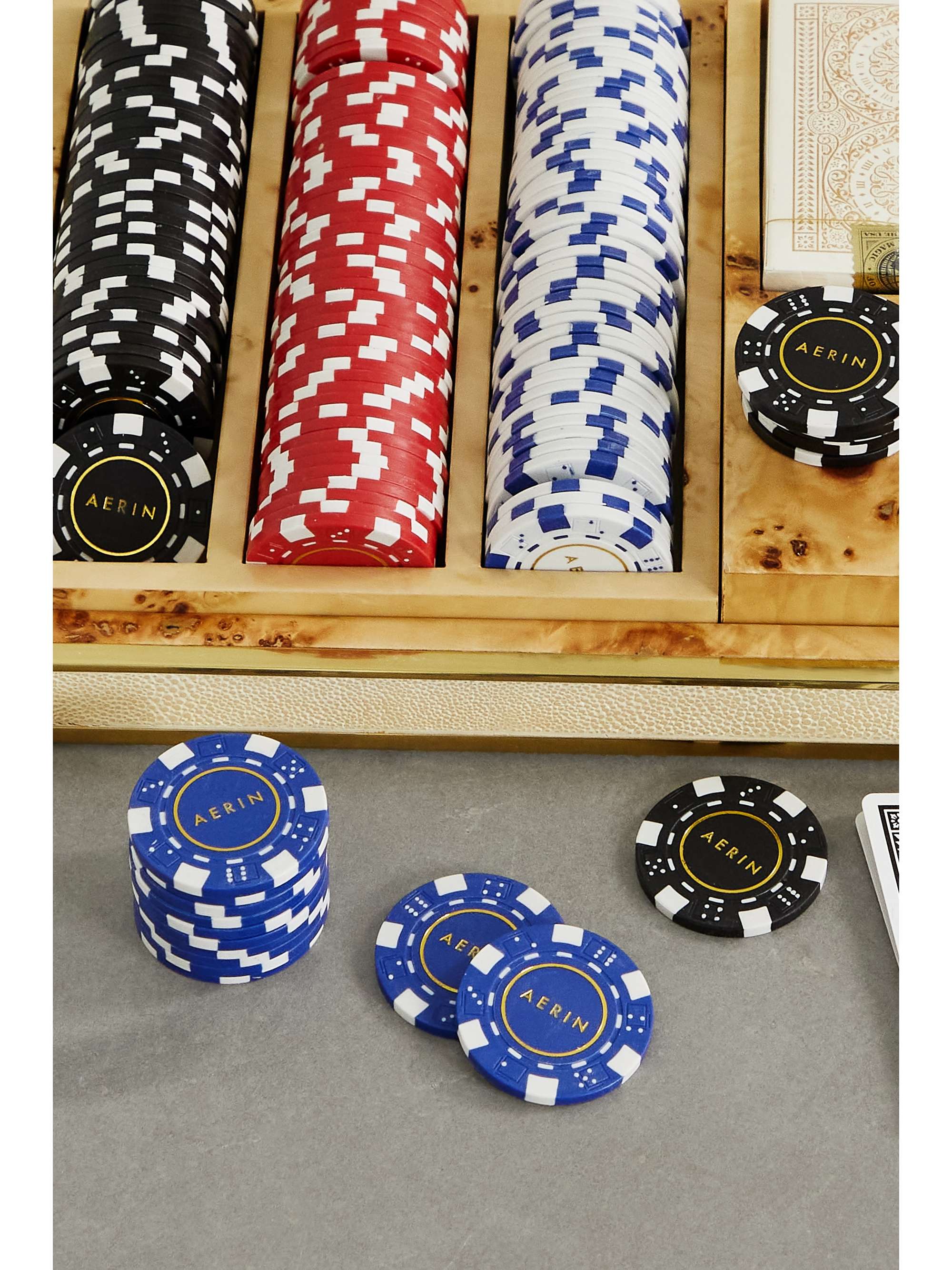 AERIN Shagreen, wood and brass poker set NETAPORTER