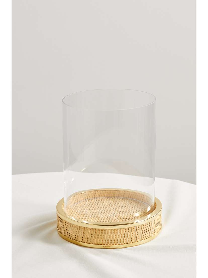 AERIN Colette Woven Cane, Brass And Glass Candle Holder