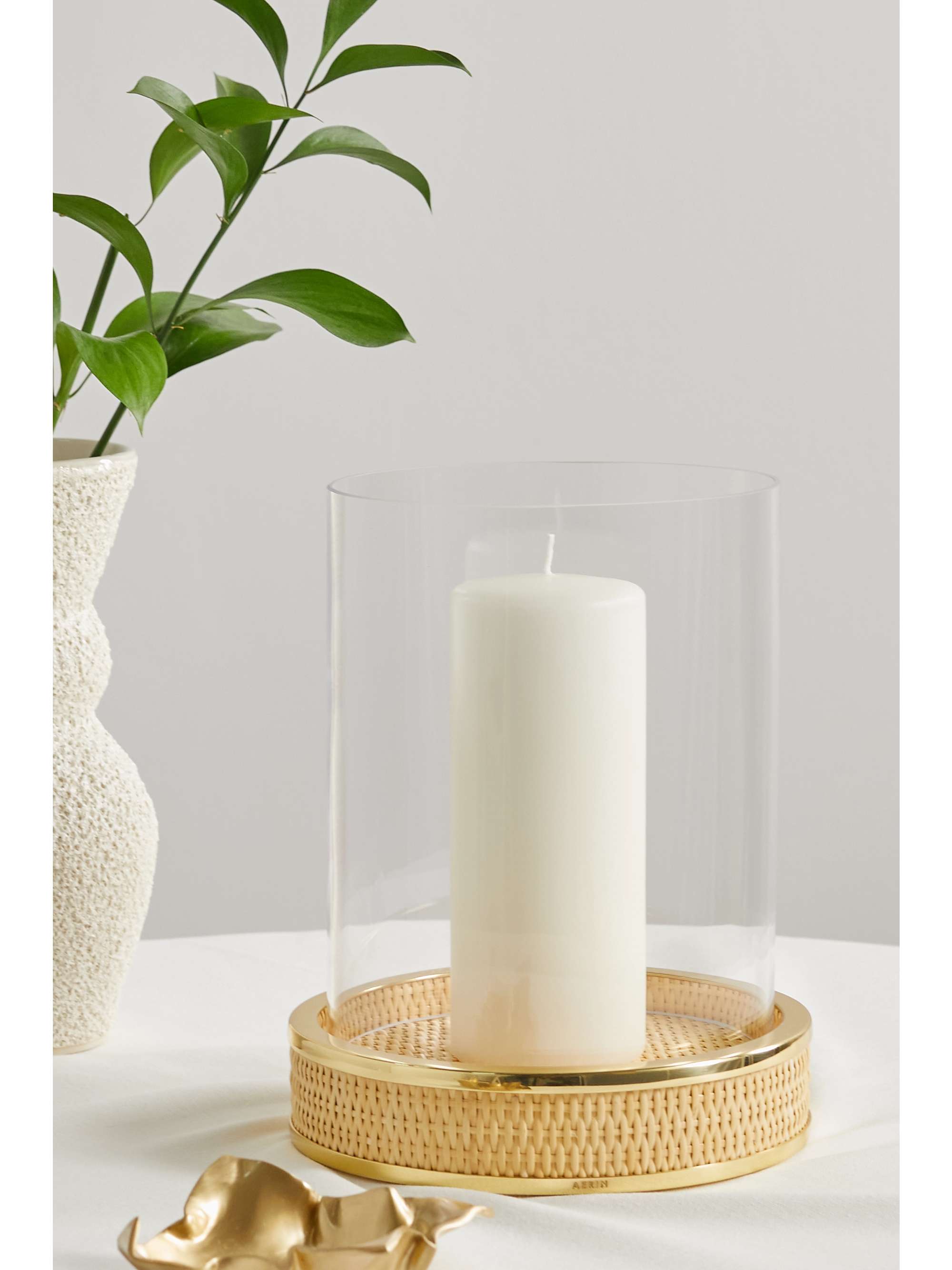 AERIN Colette woven cane, brass and glass candle holder
