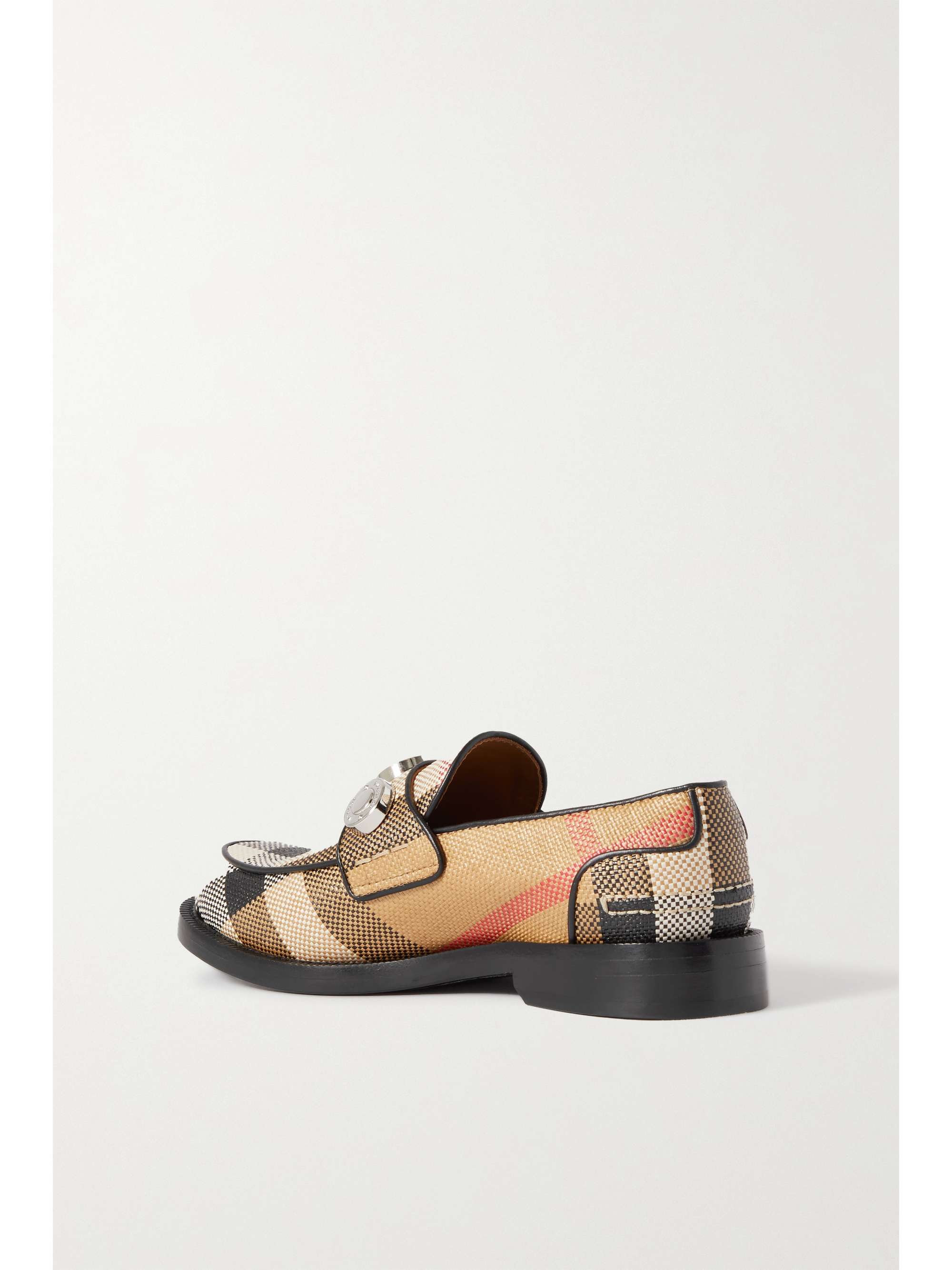 BURBERRY Embellished leather-trimmed checked raffia loafers