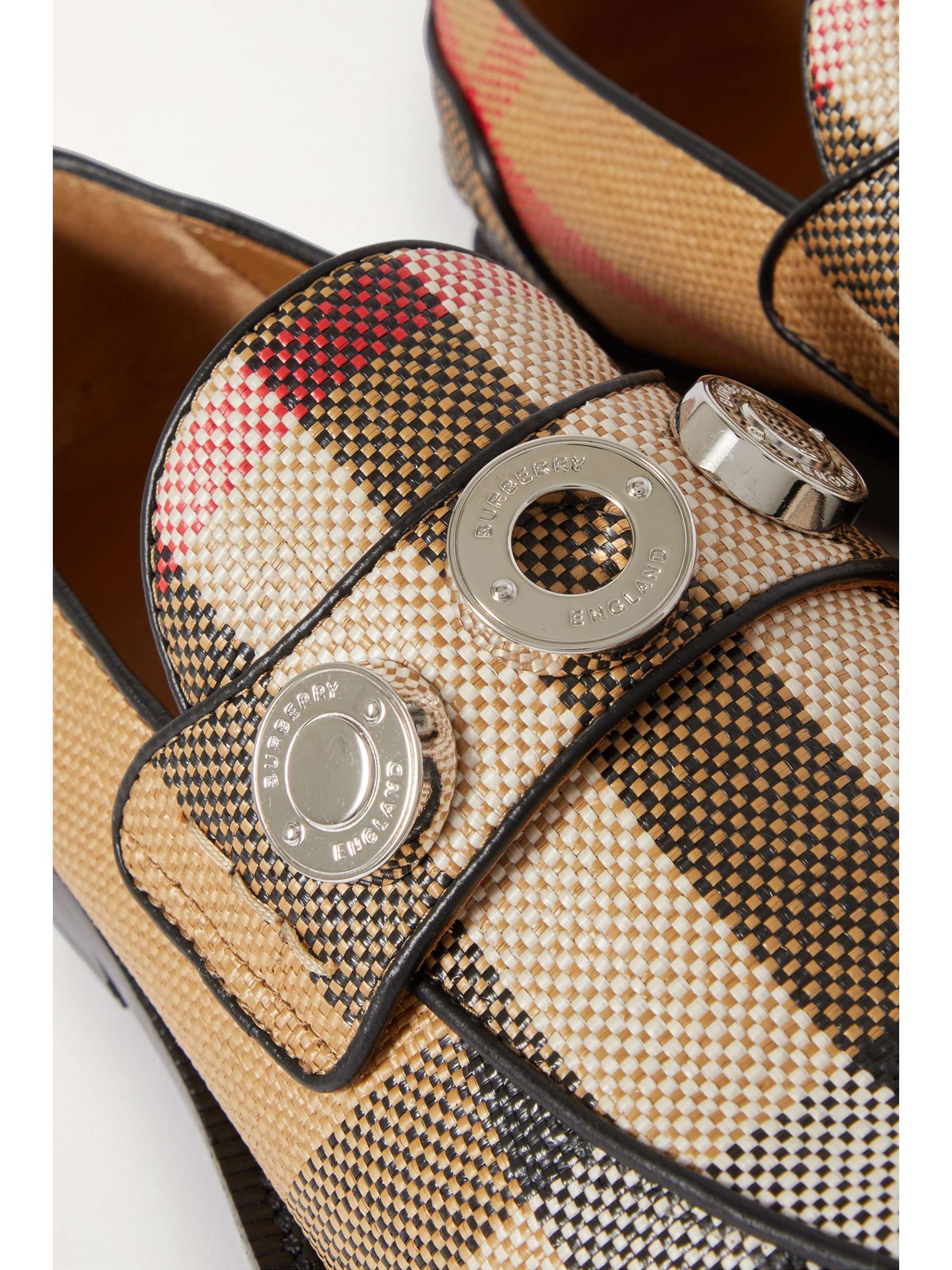 BURBERRY Embellished leather-trimmed checked raffia loafers