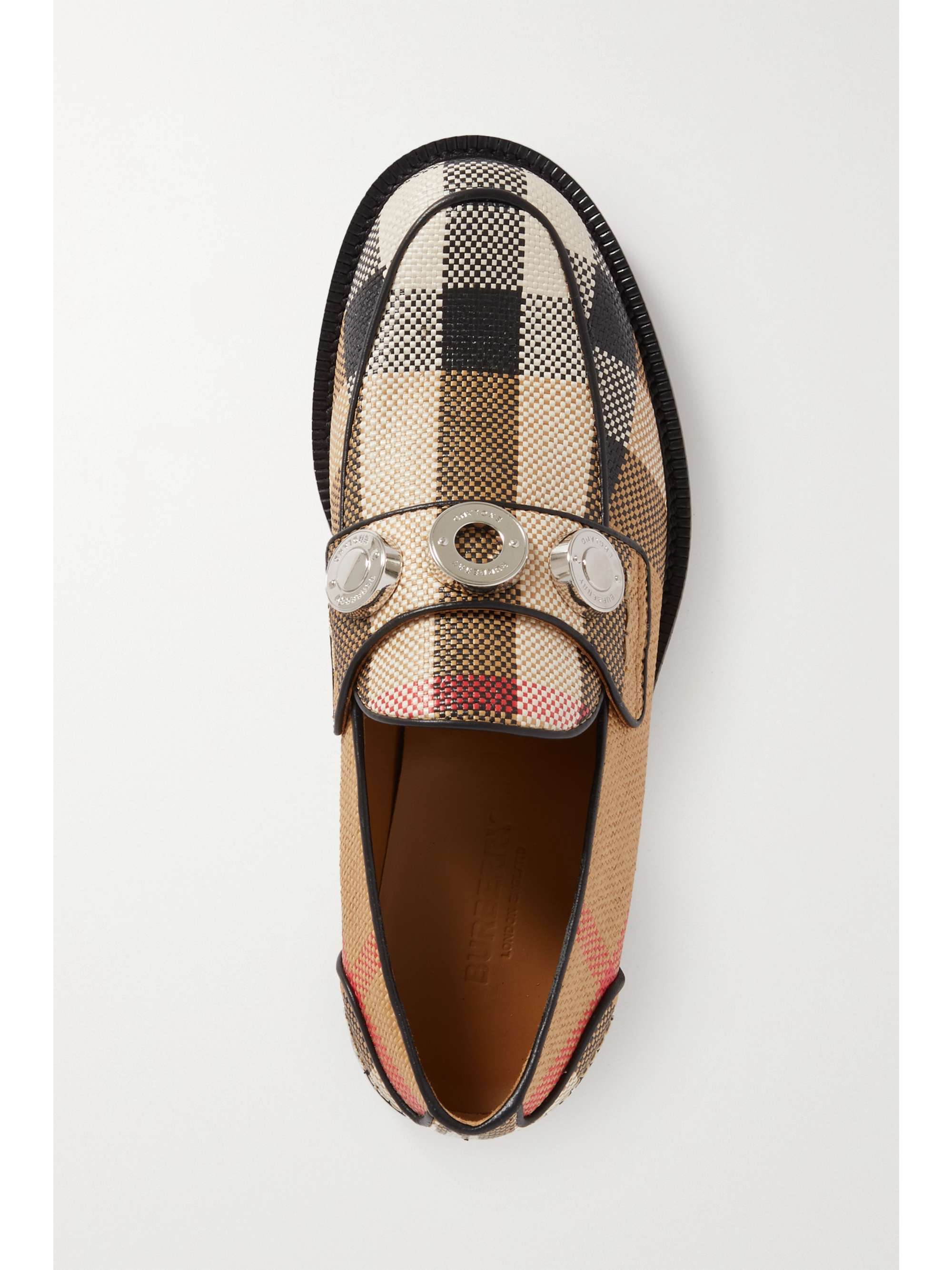 BURBERRY Embellished leather-trimmed checked raffia loafers