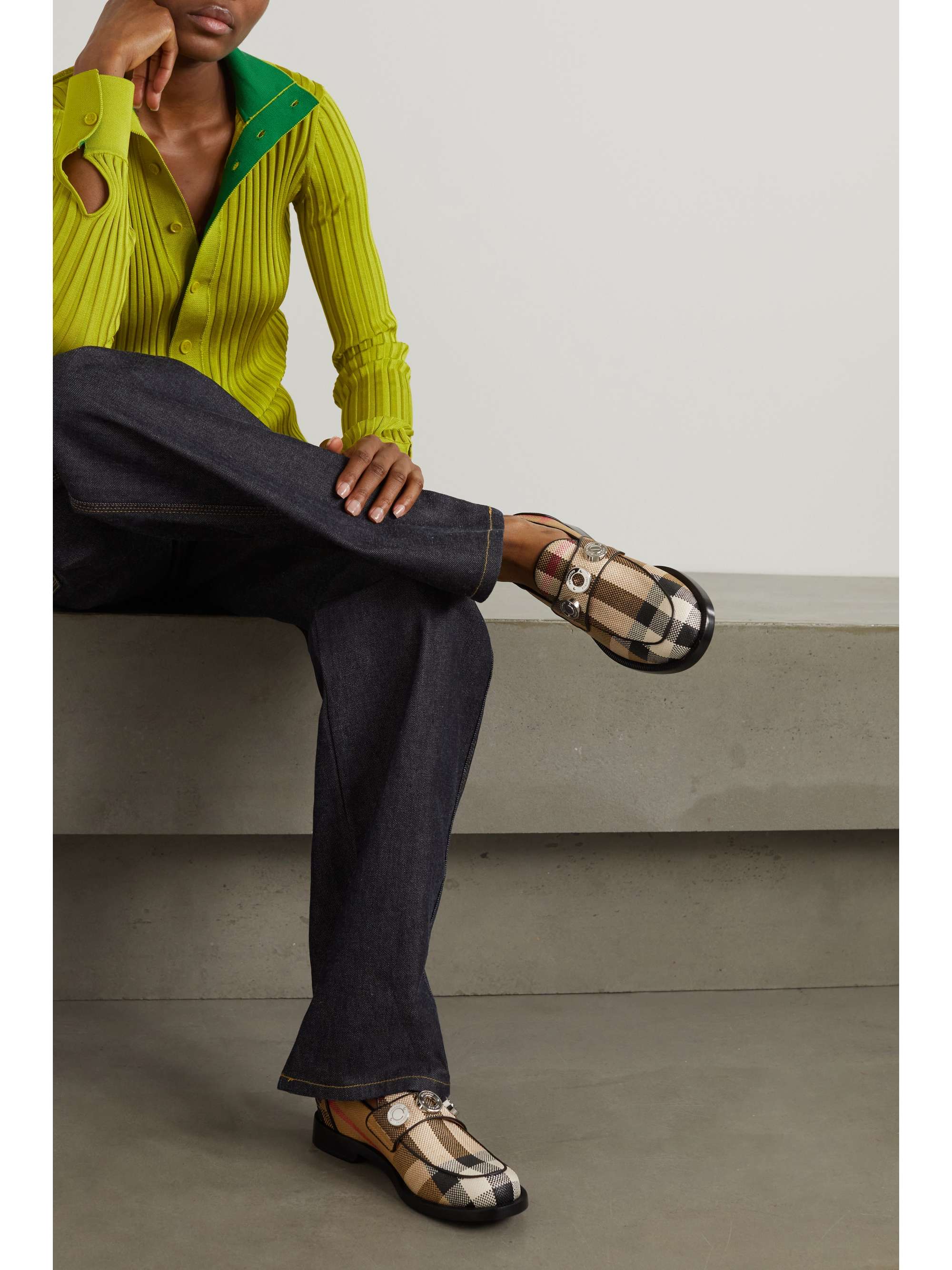 BURBERRY Embellished leather-trimmed checked raffia loafers