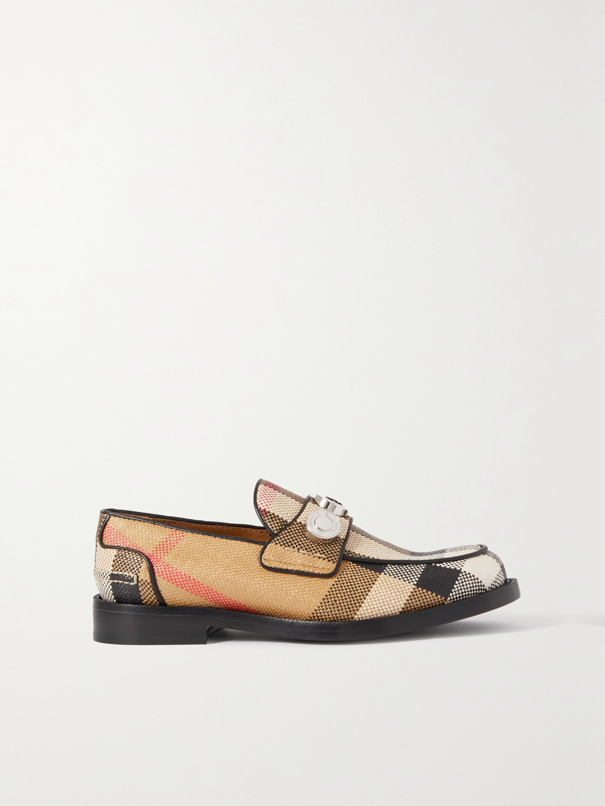 BURBERRY EMBELLISHED LEATHER-TRIMMED CHECKED RAFFIA LOAFERS