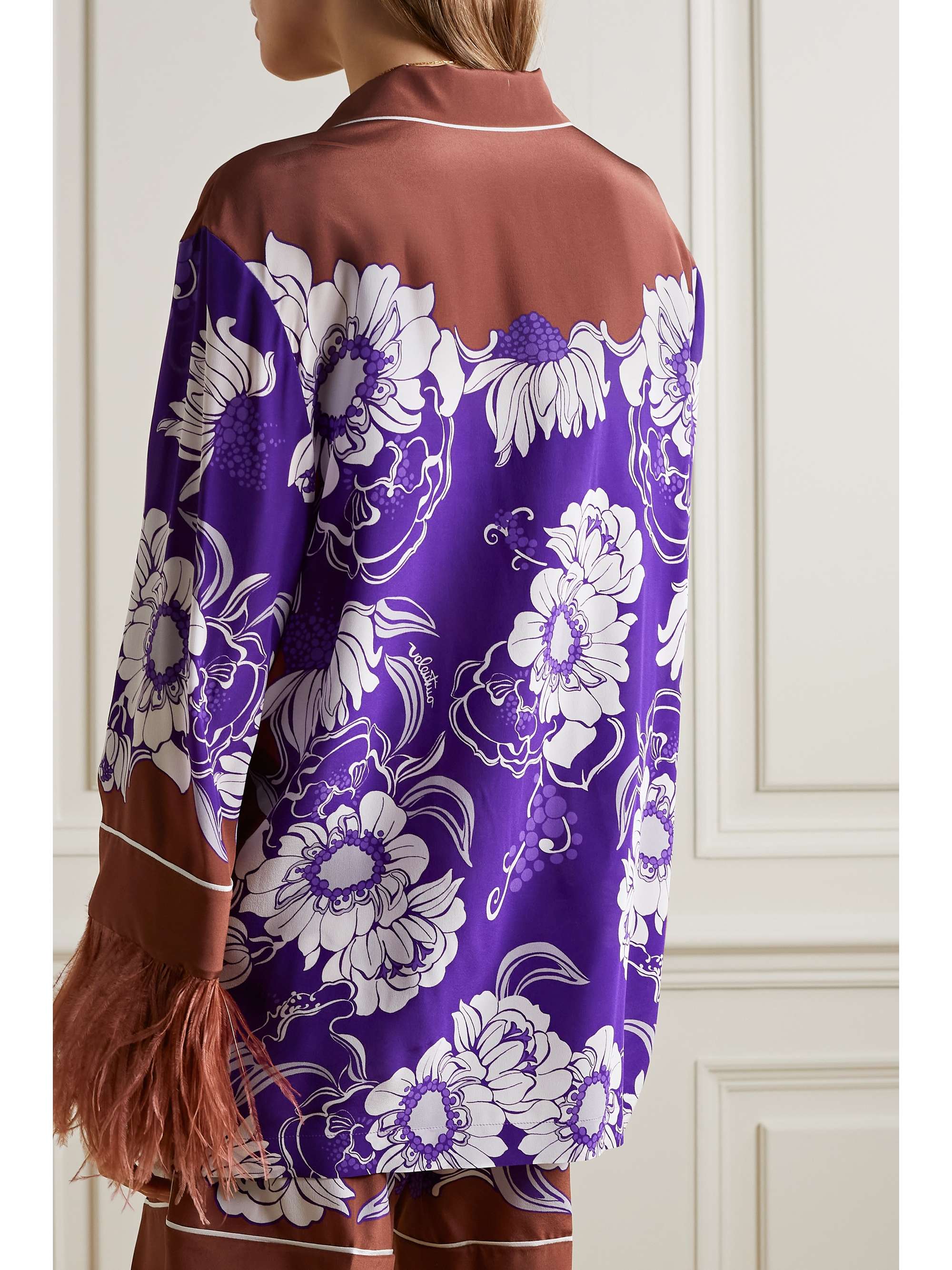 VALENTINO GARAVANI Feather-trimmed printed silk crepe de chine shirt