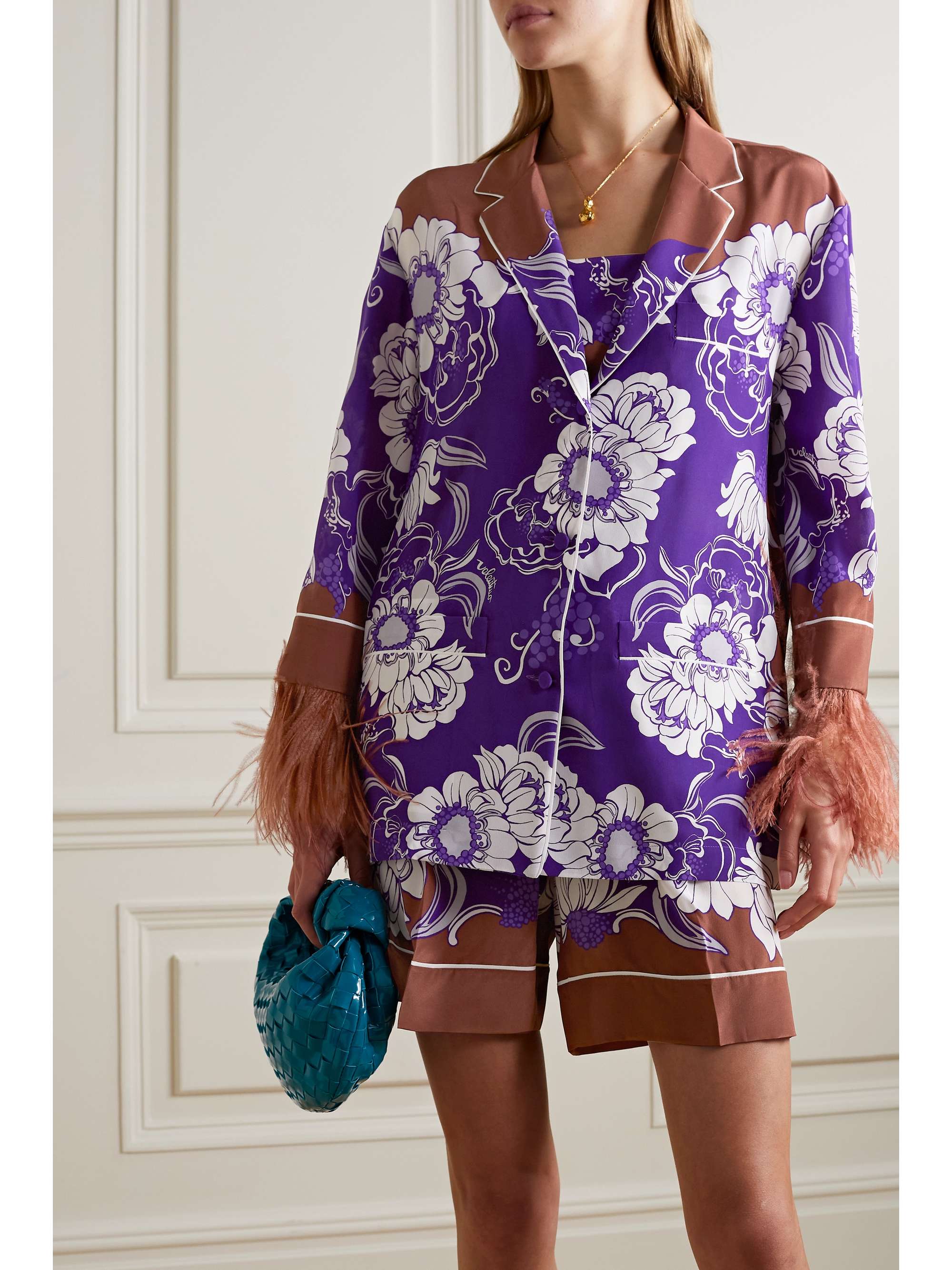 VALENTINO GARAVANI Feather-trimmed printed silk crepe de chine shirt