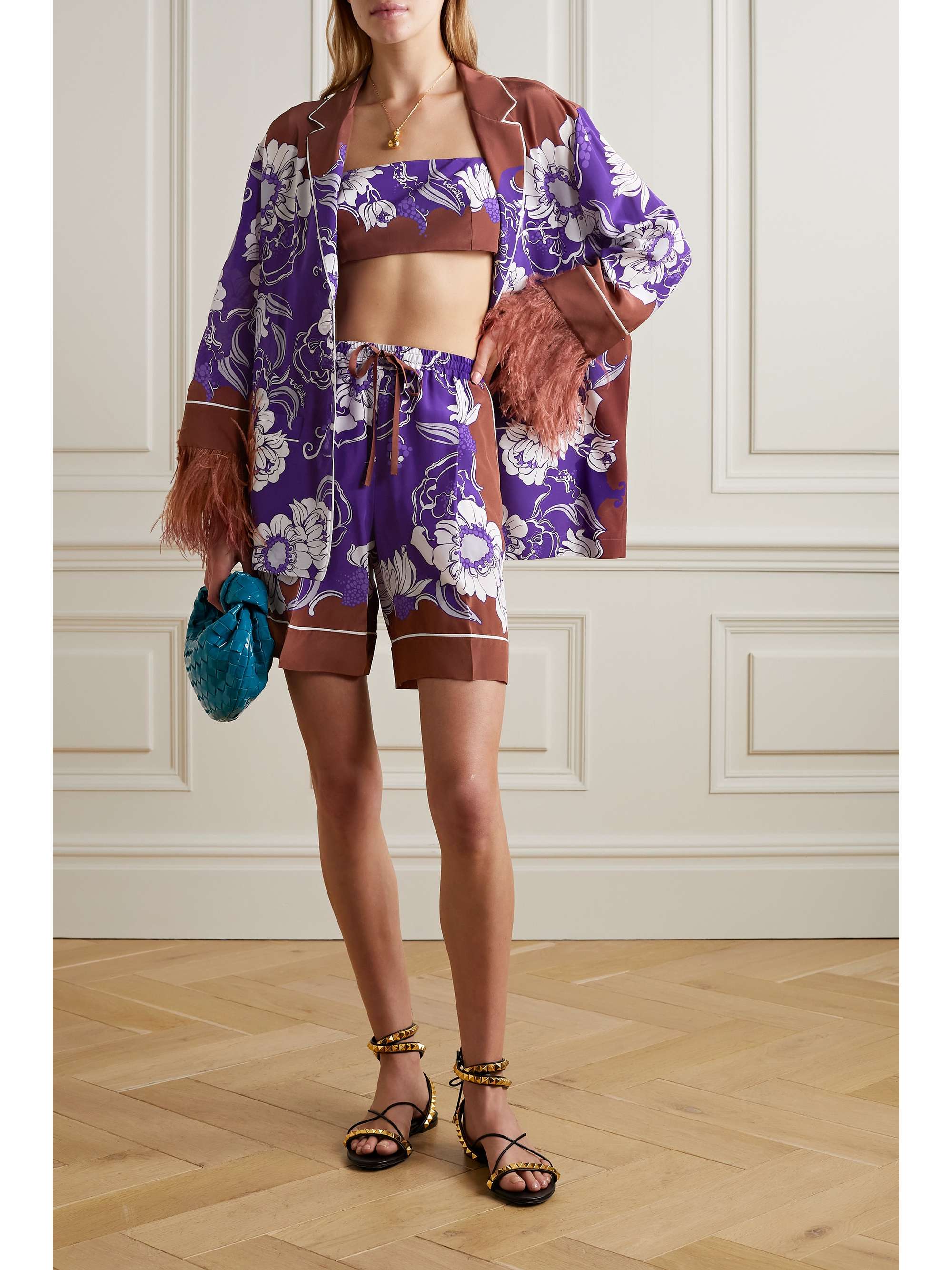 VALENTINO GARAVANI Feather-trimmed printed silk crepe de chine shirt