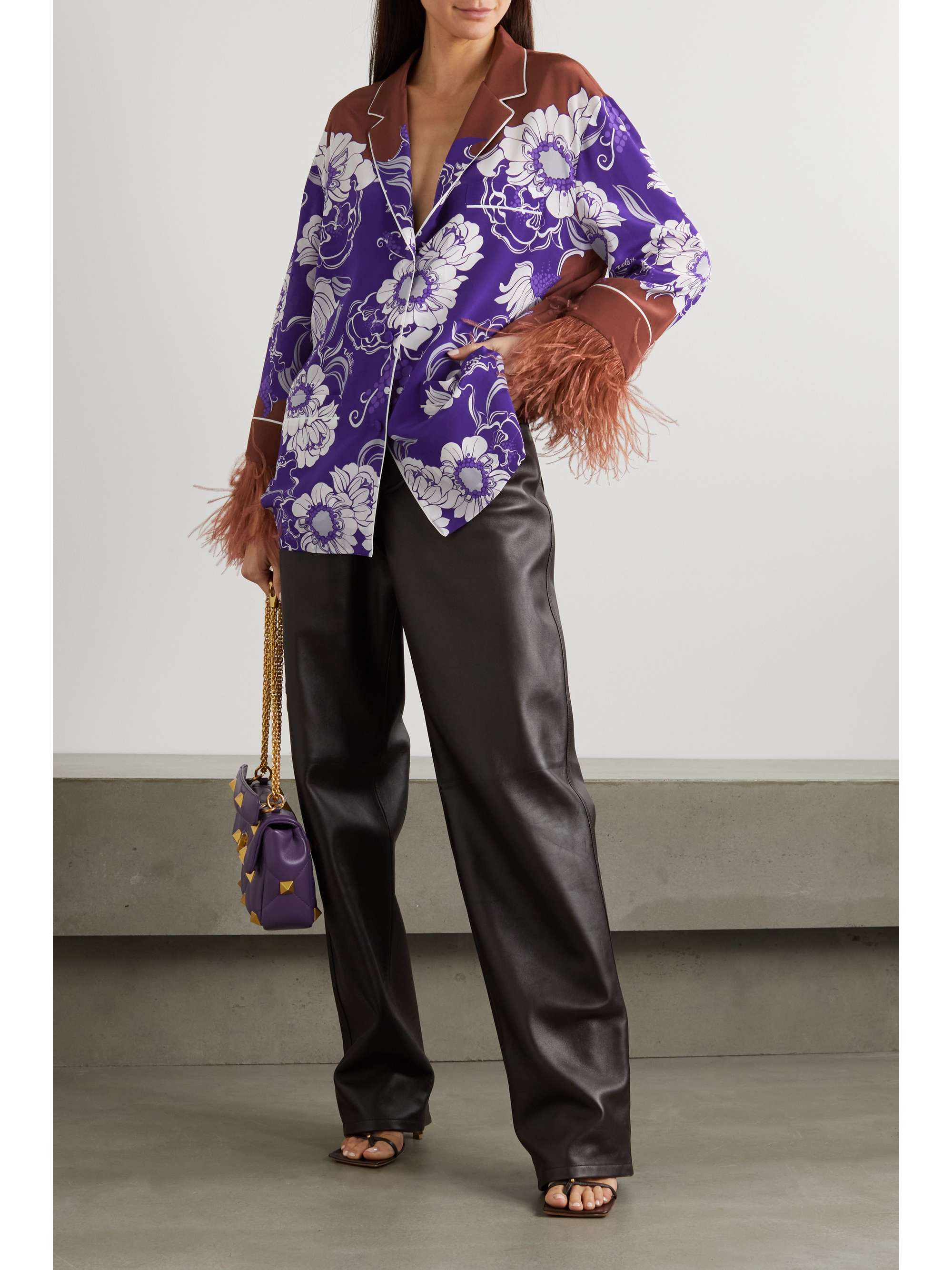VALENTINO GARAVANI Feather-trimmed printed silk crepe de chine shirt