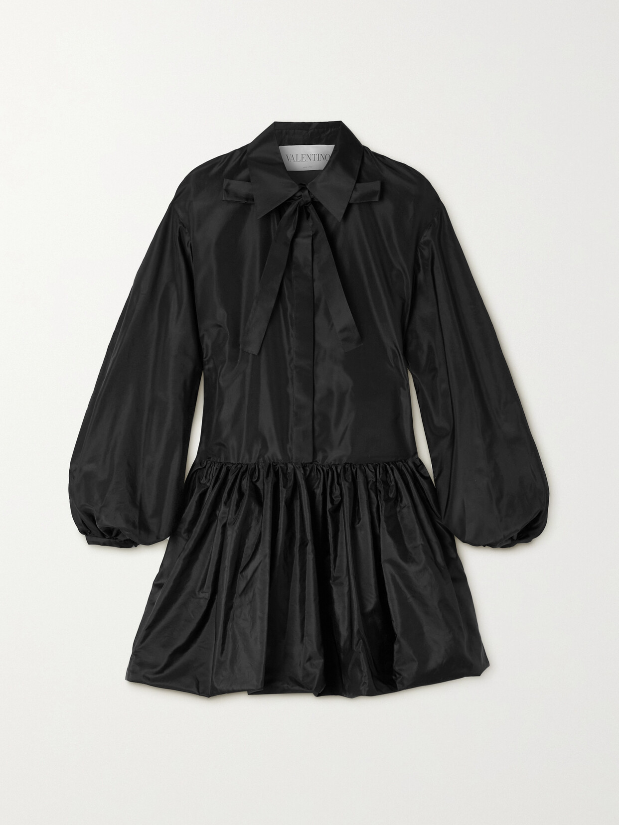 Valentino Garavani Tie-neck Gathered Silk-satin Mini Shirt Dress - Black