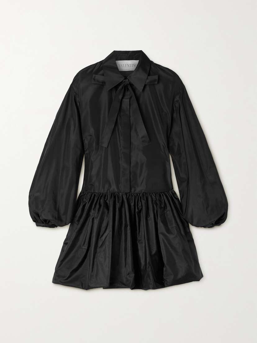 Valentino Garavani Tie-neck Gathered Silk-satin Mini Shirt Dress