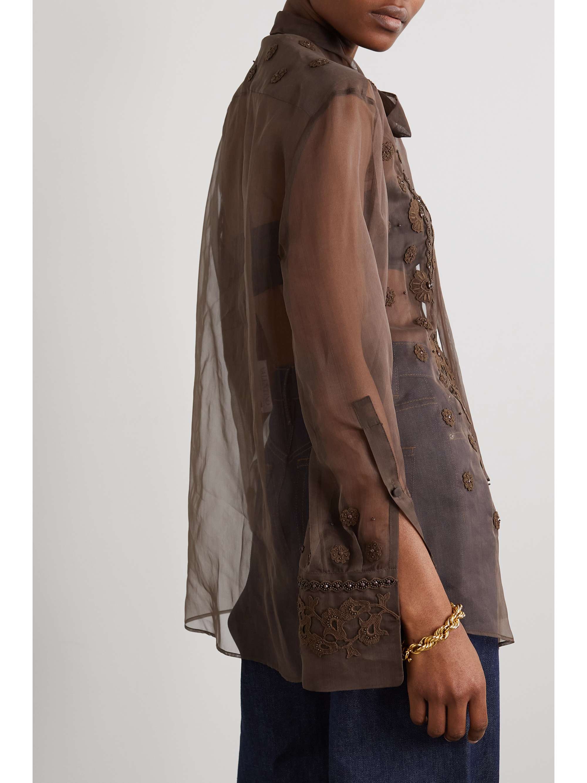 VALENTINO GARAVANI Pussy-bow embellished embroidered silk-organza blouse