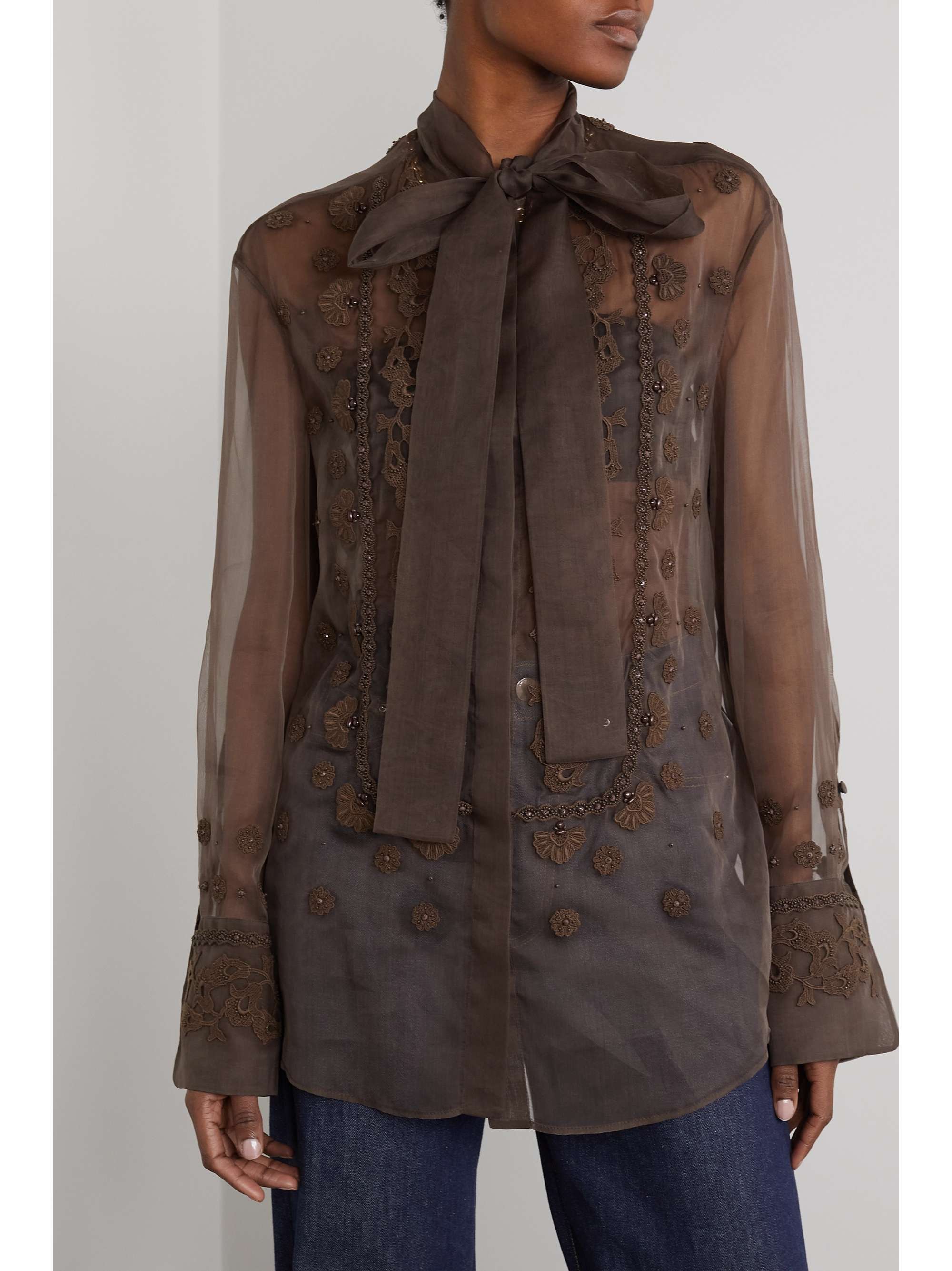 VALENTINO GARAVANI Pussy-bow embellished embroidered silk-organza blouse