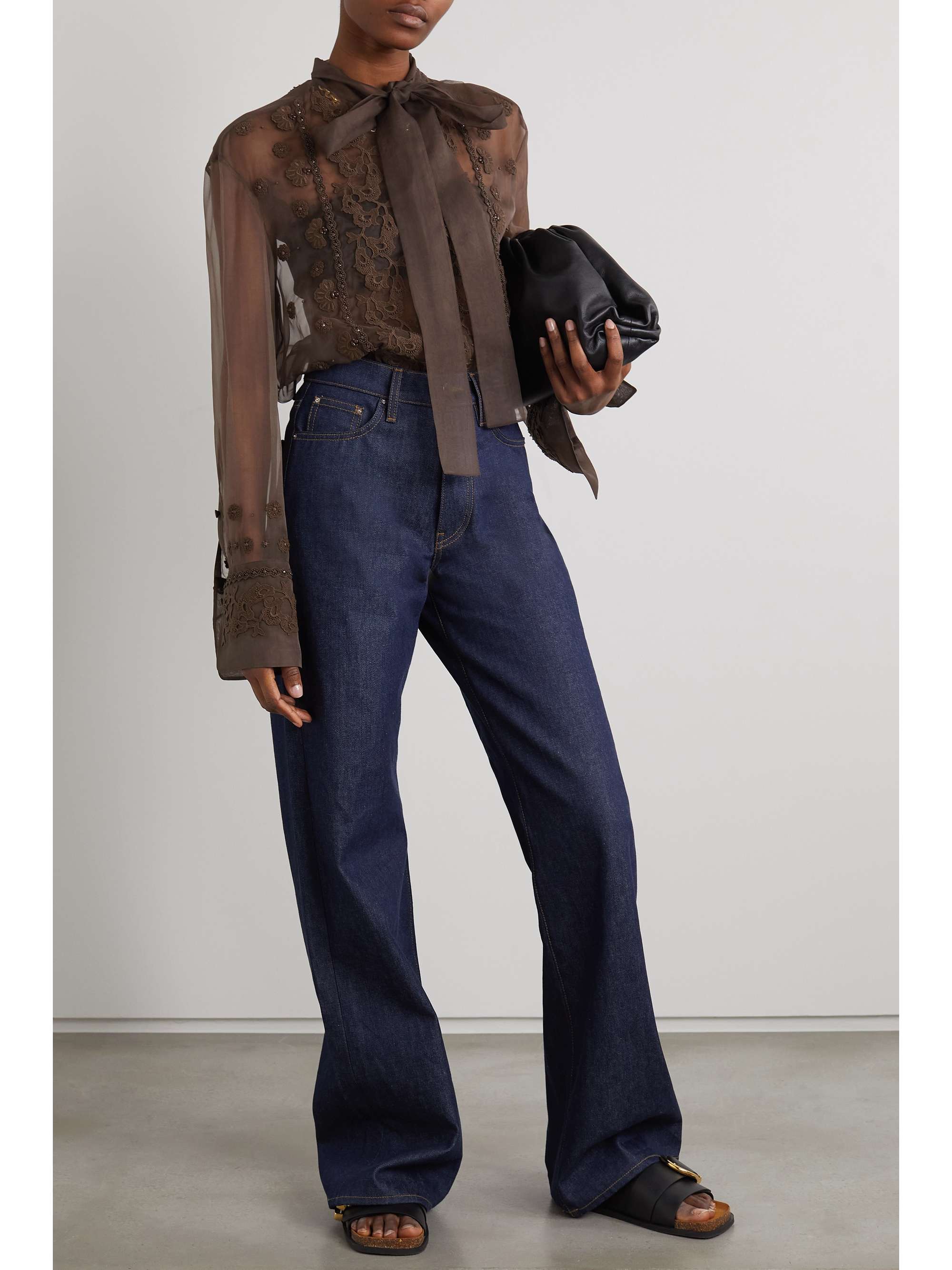 VALENTINO GARAVANI Pussy-bow embellished embroidered silk-organza blouse