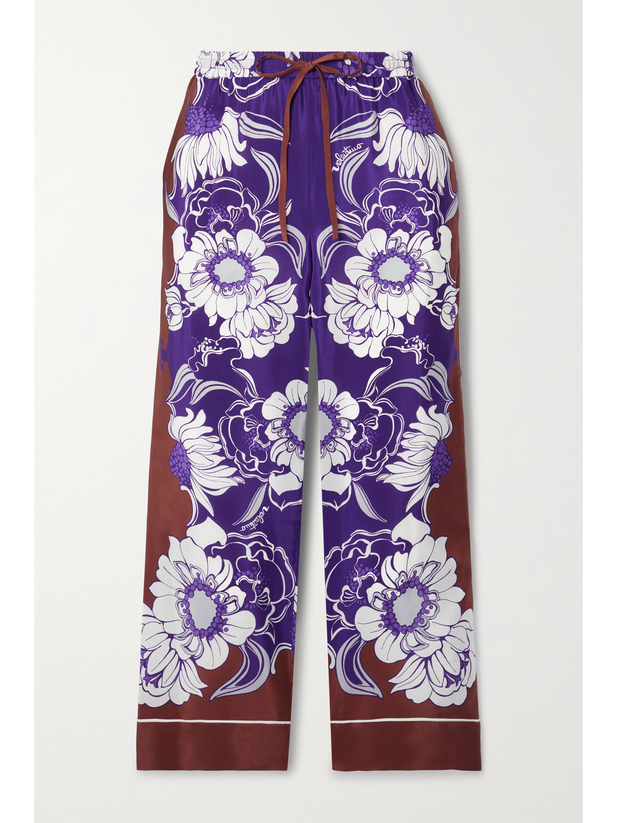 Valentino Cropped Floral-print Silk-crepe Pants In Purple