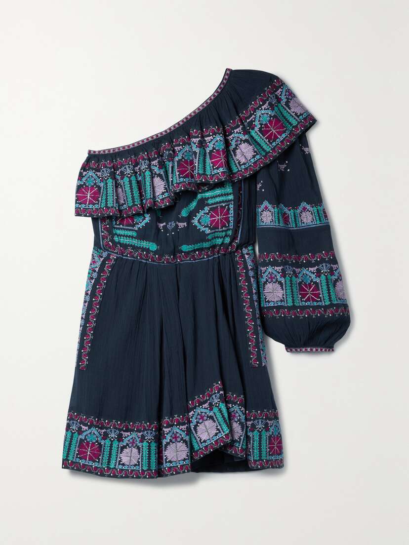 Isabel Marant Colbie One-sleeve Embroidered Cotton-voile Mini Dress