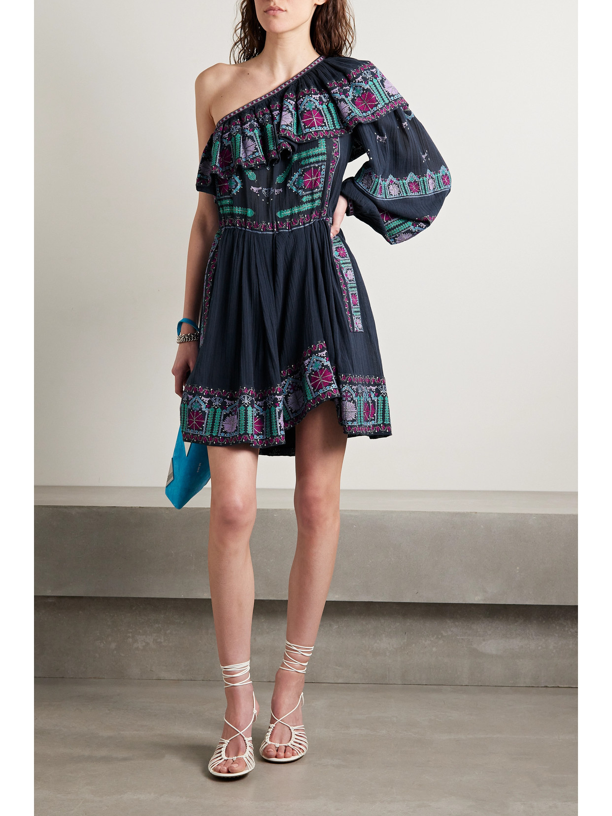 Isabel Marant Colbie One-sleeve Embroidered Cotton-voile Mini Dress In Blue