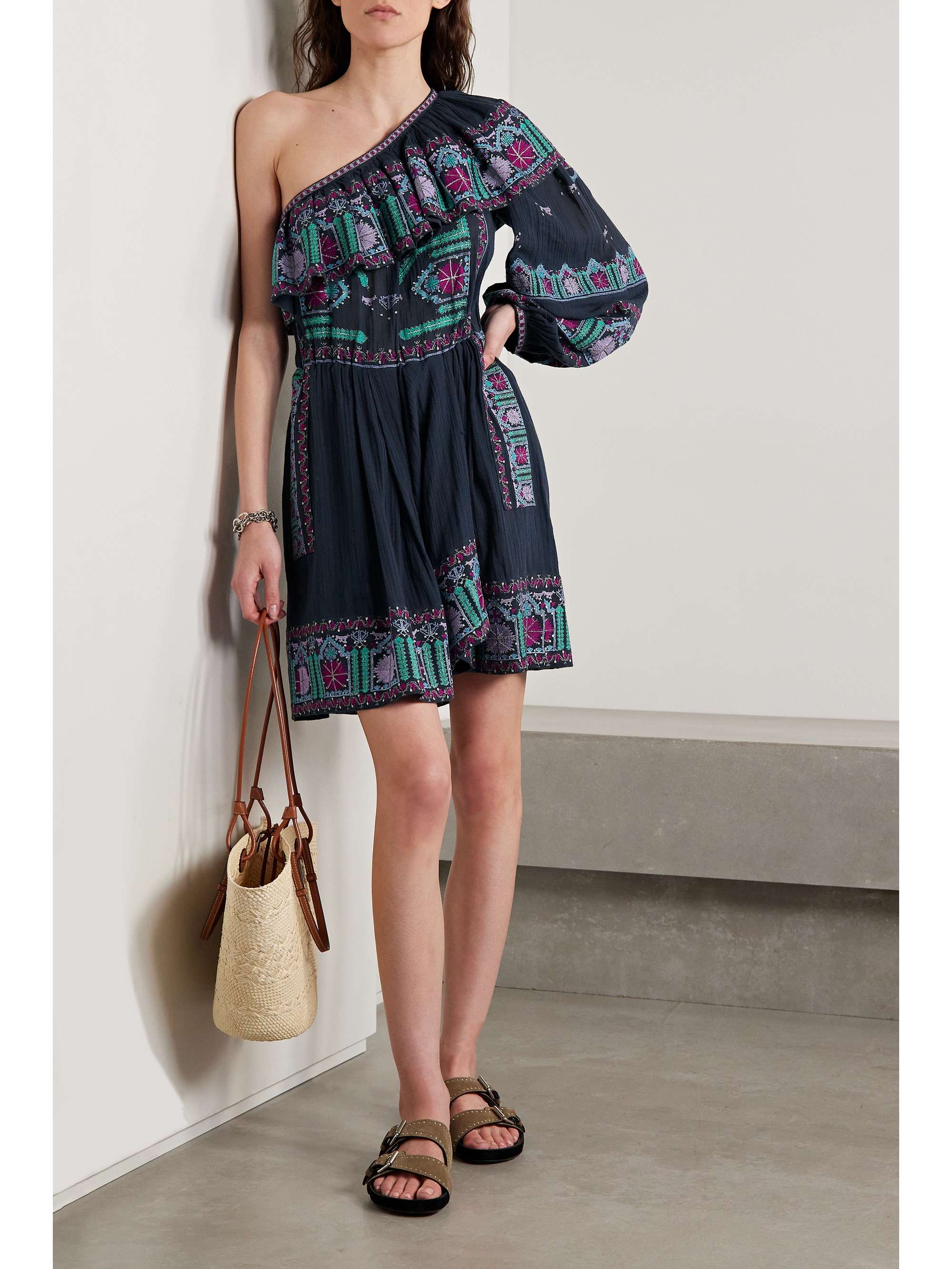 ISABEL MARANT Colbie one-sleeve embroidered cotton-voile mini dress