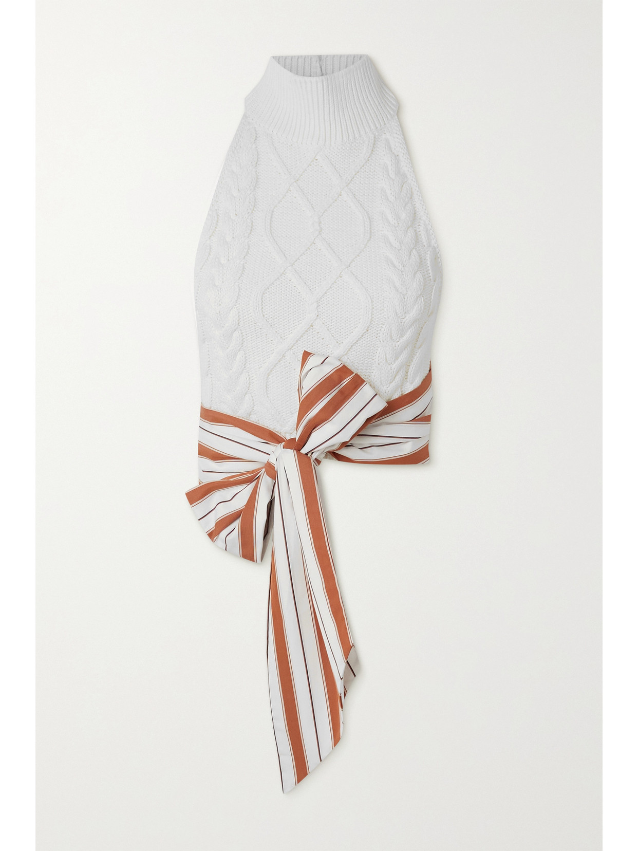 Rosie Assoulin Cropped Striped Cotton Poplin-trimmed Cable-knit Cotton Halterneck Top In Neutrals