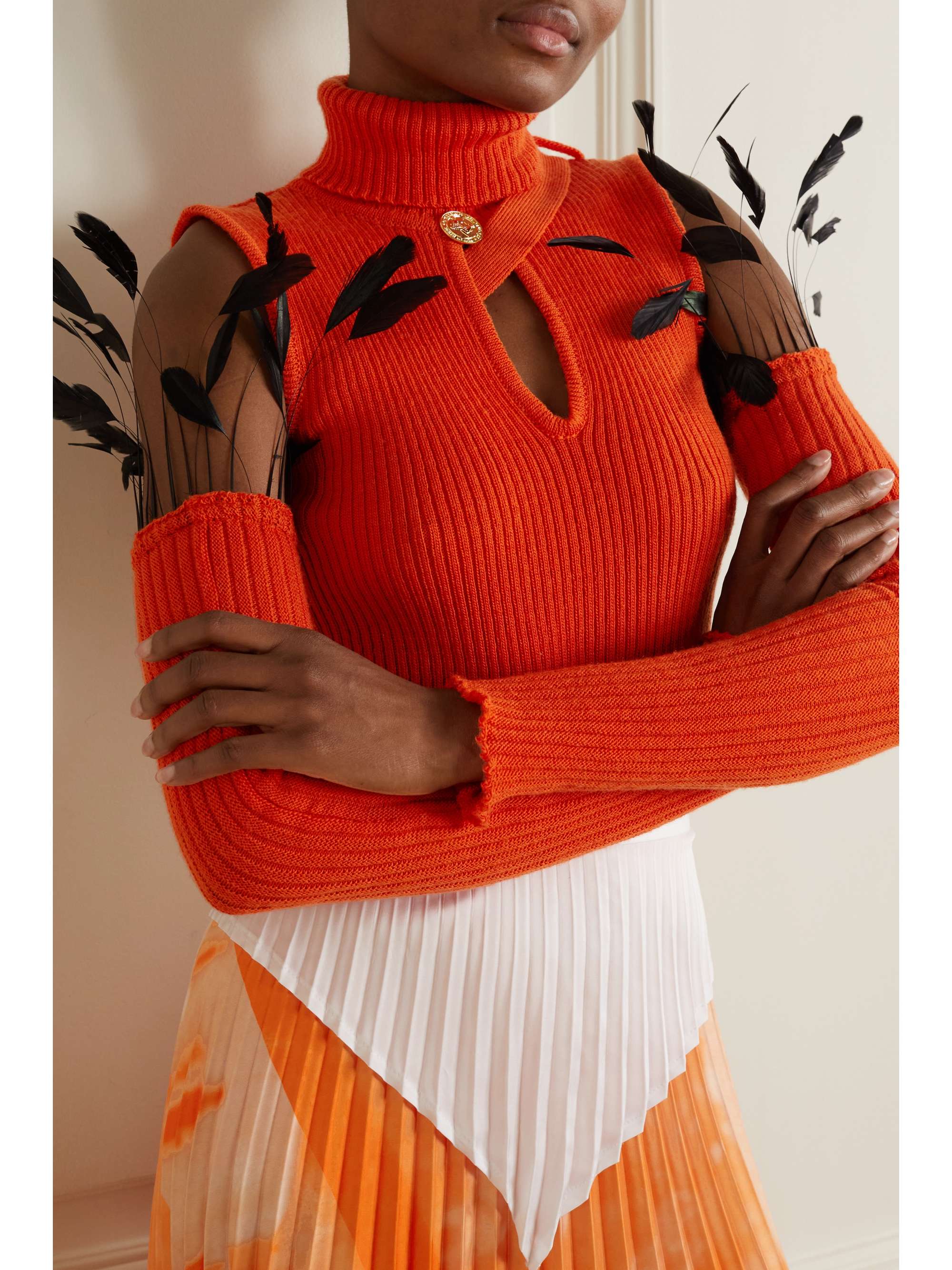 THEBE MAGUGU Convertible feather-trimmed cutout ribbed wool turtleneck sweater