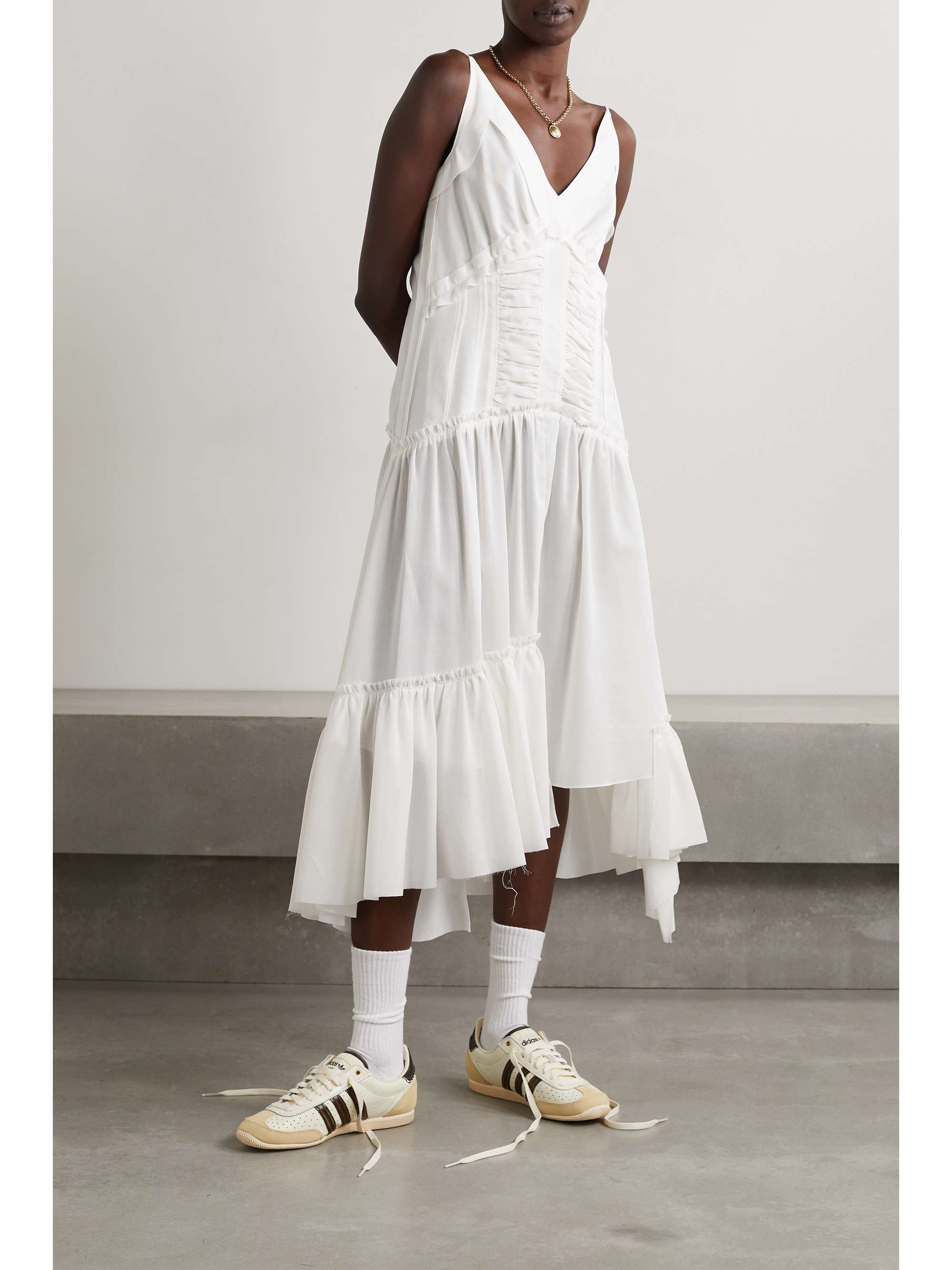 White Asymmetric ruffled tiered crepe 