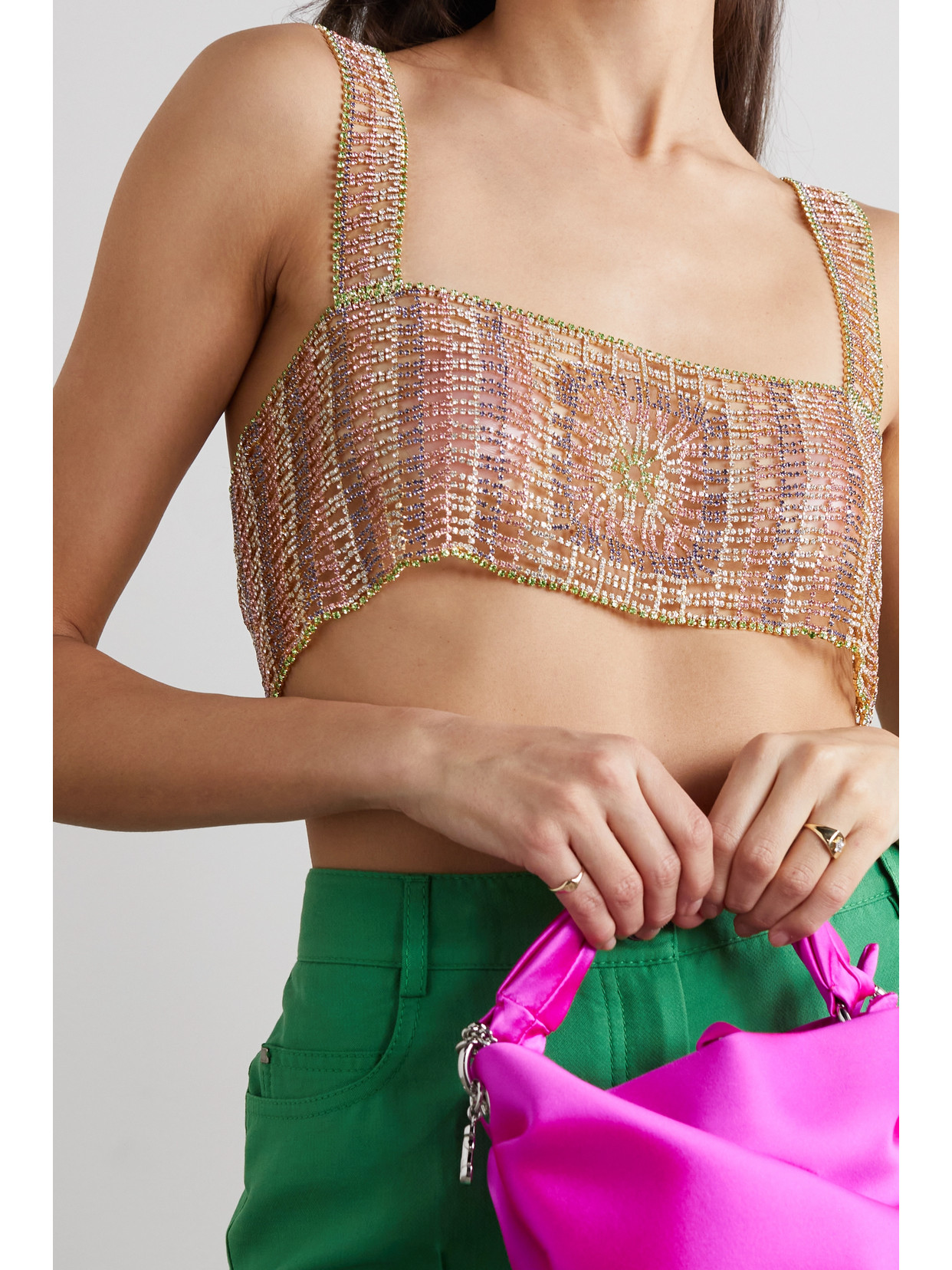 ROSANTICA CROPPED CRYSTAL-EMBELLISHED SILVER-TONE TOP