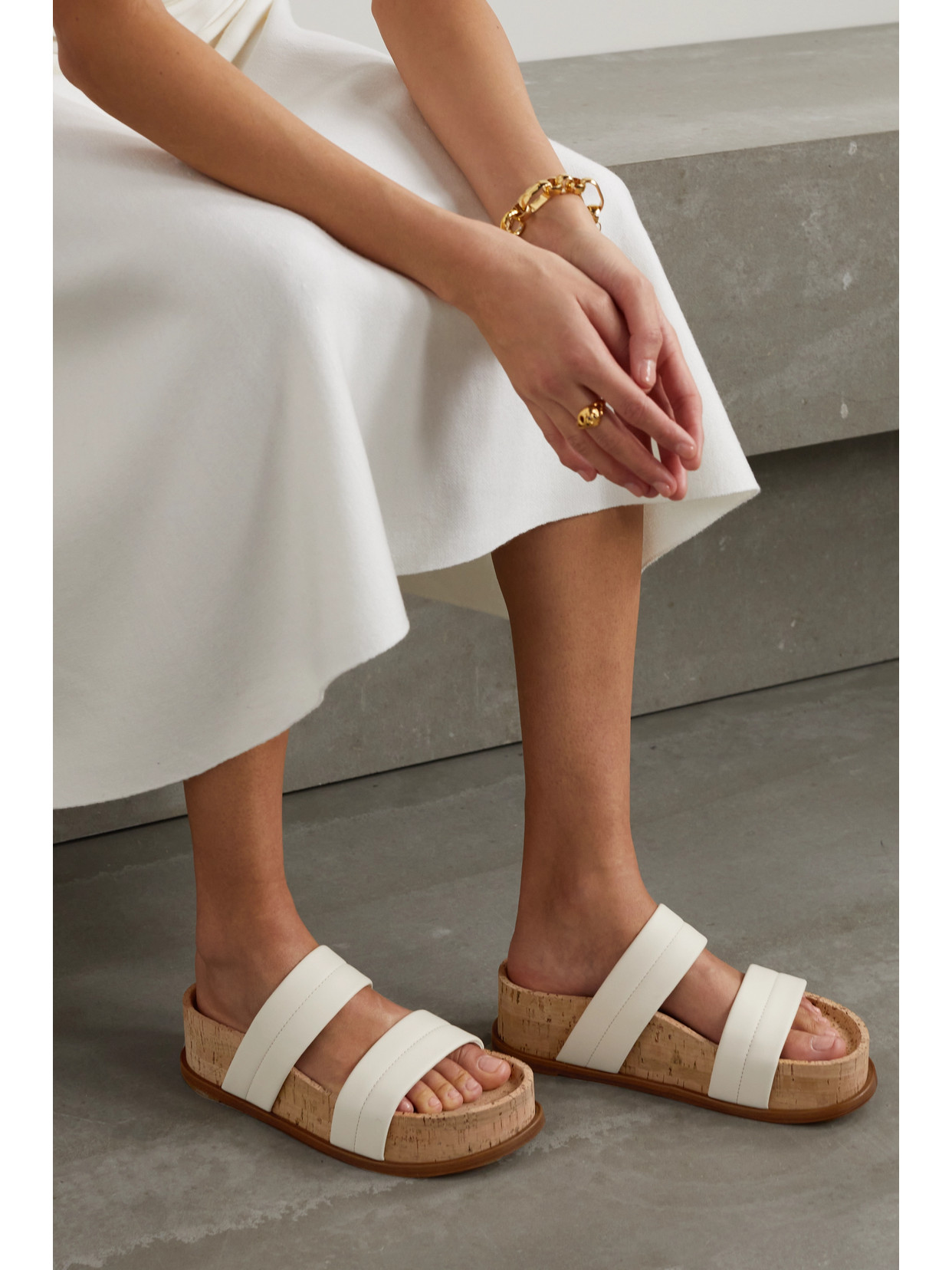 Gabriela Hearst Striker Stitched Leather And Cork Slides In White