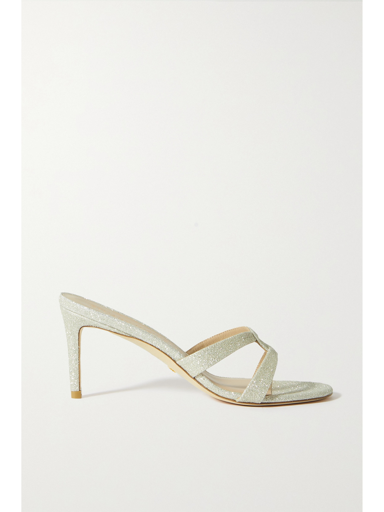 Stuart Weitzman Soiree Sleek Glittered Leather Sandals In Gold