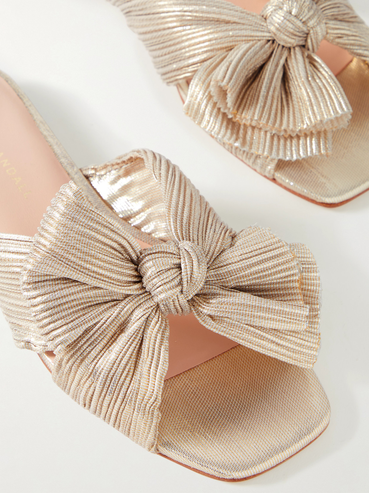 Shop Loeffler Randall Daphne Bow-embellished Plissé-lamé Slidesa In Gold