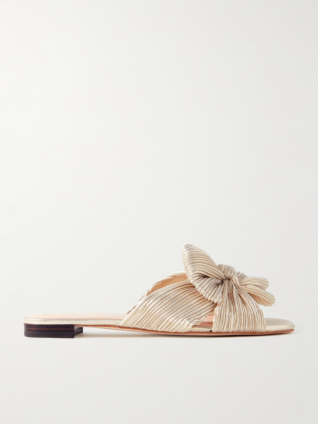 Shop Loeffler Randall Daphne Bow-embellished Plissé-lamé Slidesa In Gold