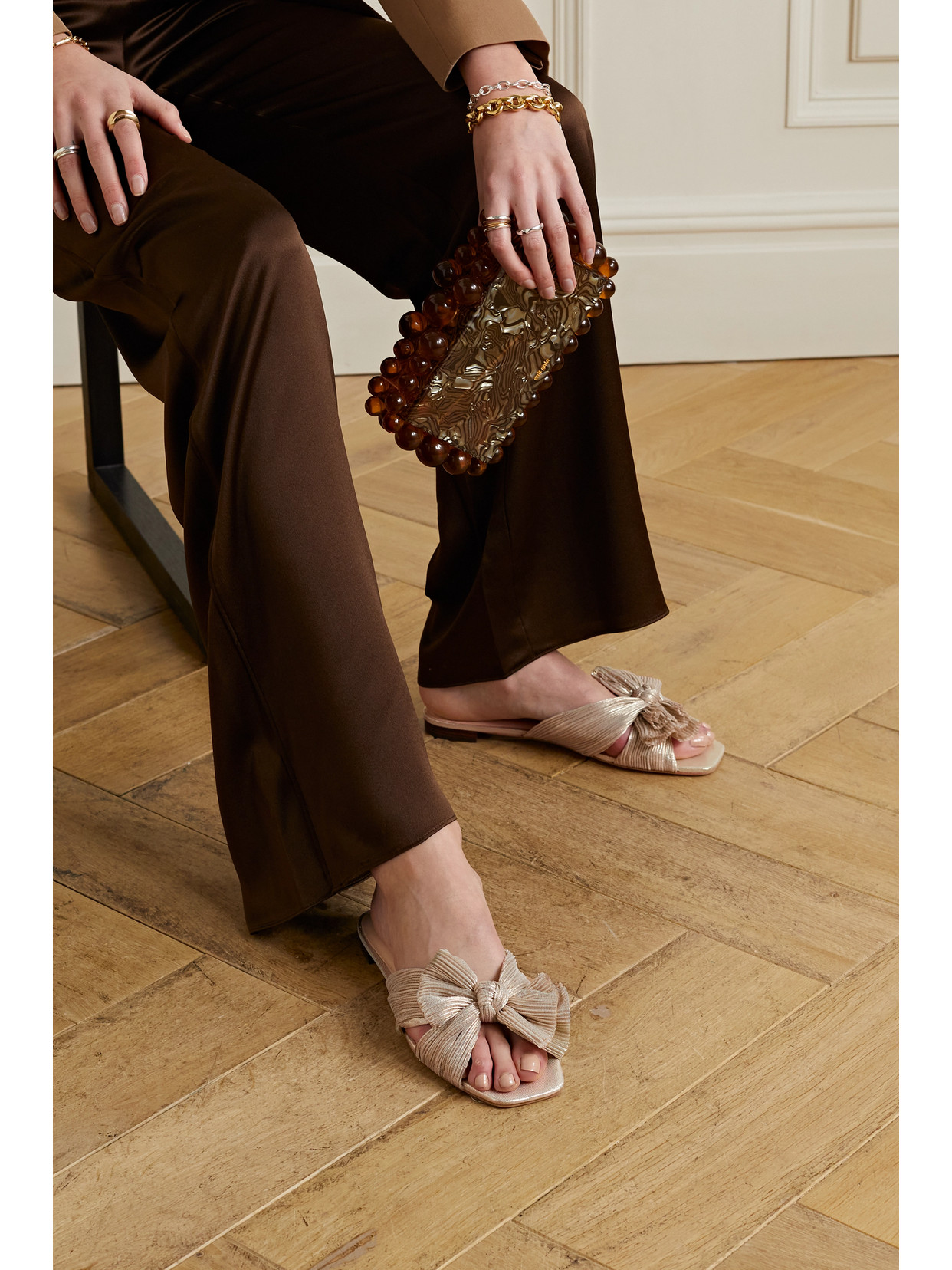 Loeffler Randall Daphne Bow-embellished Plissé-lamé Slidesa In Gold