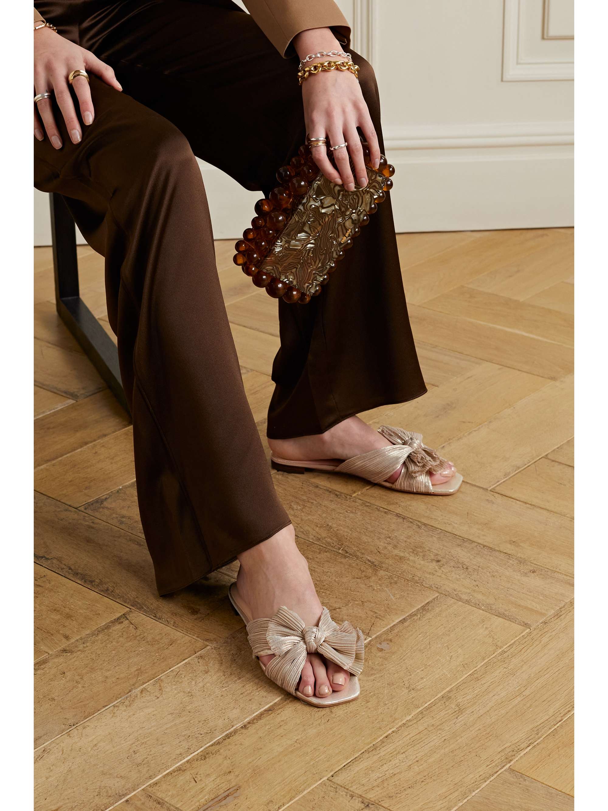 LOEFFLER RANDALL Daphne bow-embellished plissé-lamé slides