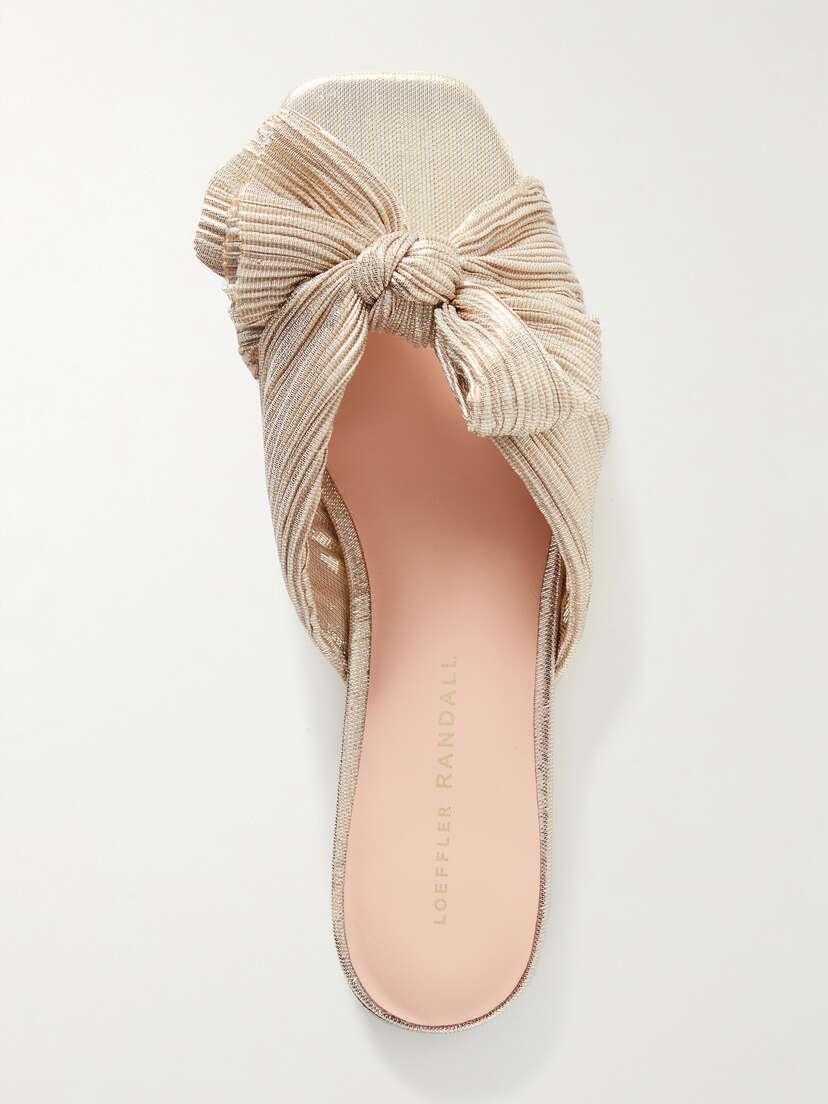 Loeffler Randall Daphne Bow-embellished Plissé-lamé Slidesa