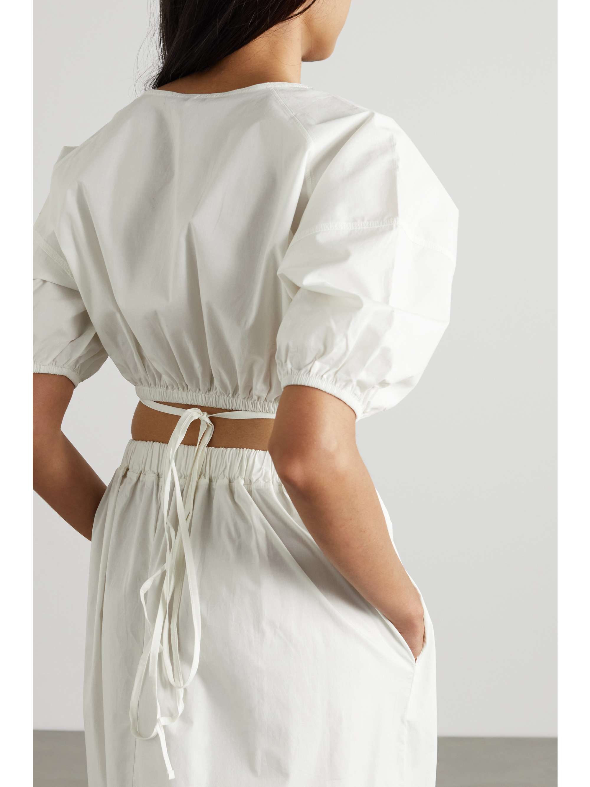 NINETY PERCENT Quinn cropped tie-detailed organic cotton-poplin top