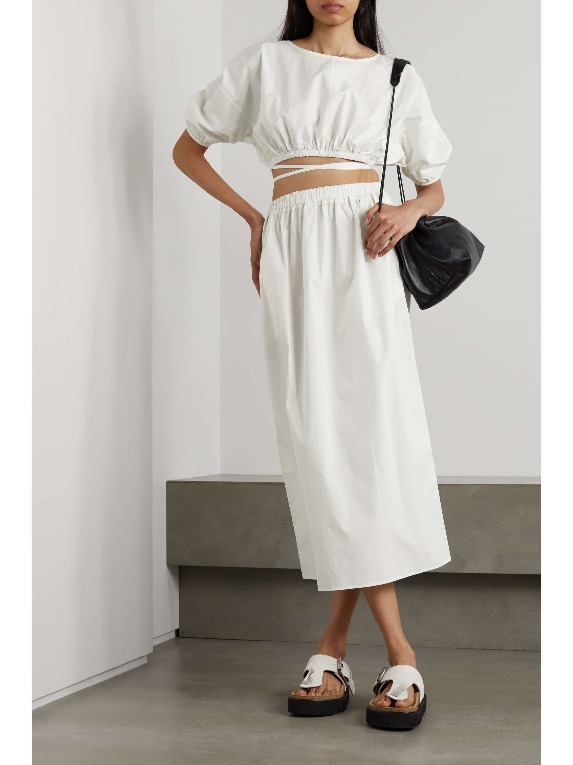 NINETY PERCENT Quinn cropped tie-detailed organic cotton-poplin top