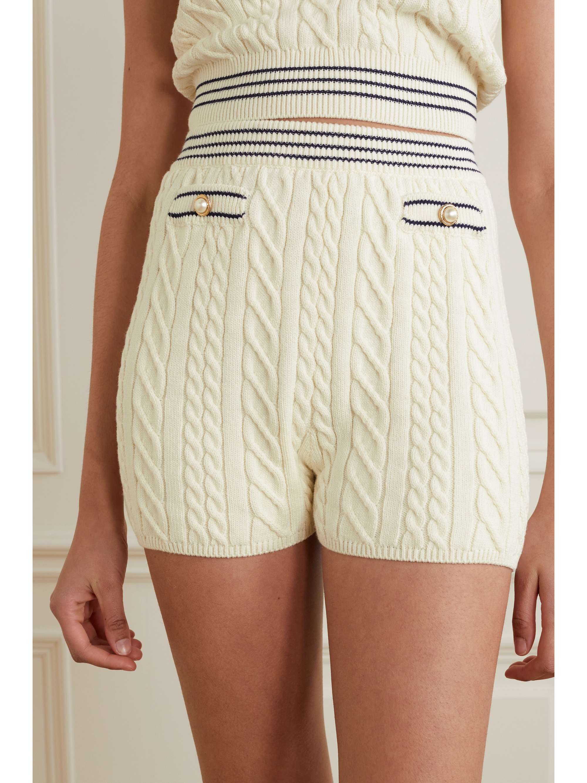 ALESSANDRA RICH Embellished cable-knit cotton-blend shorts