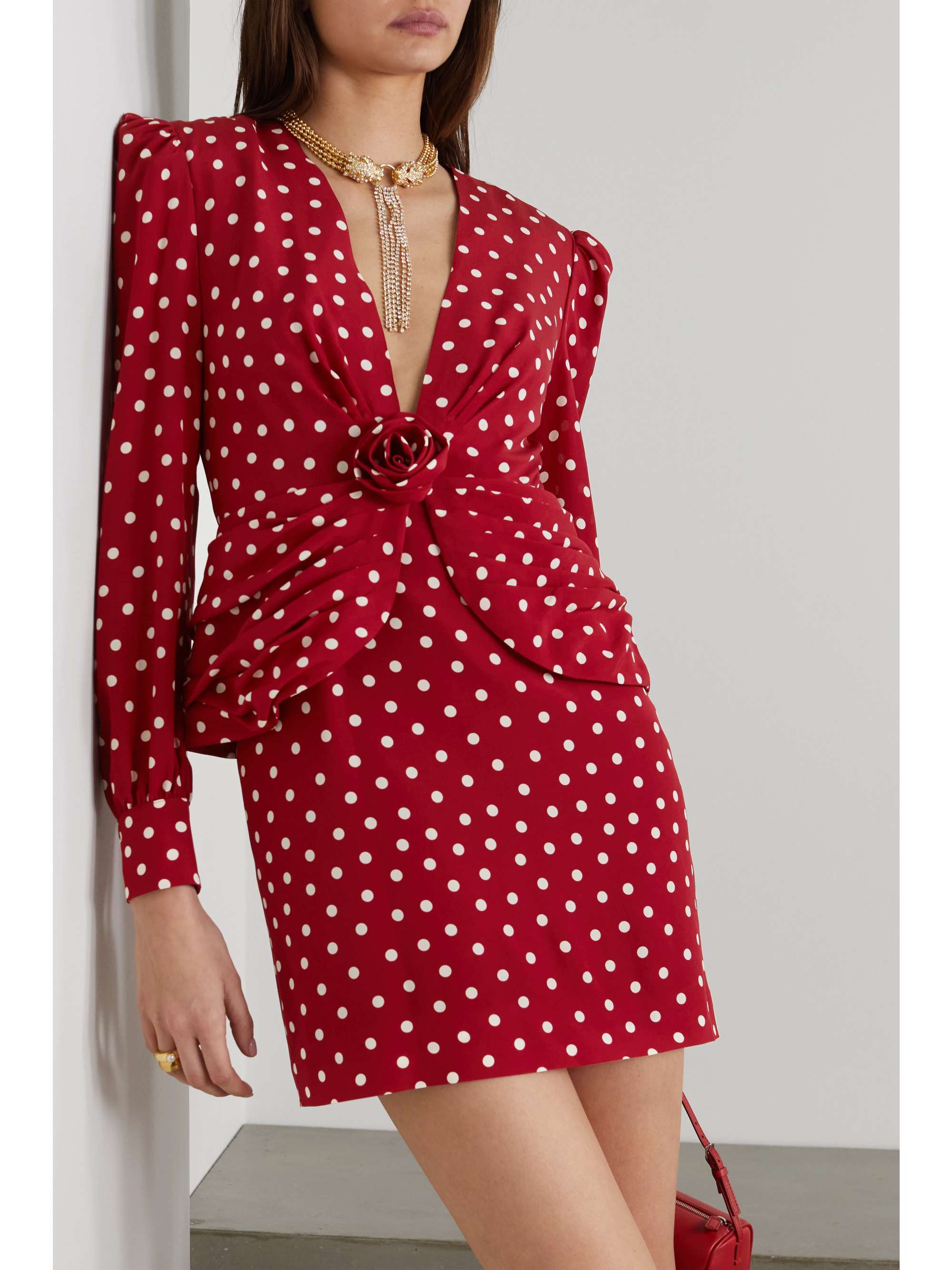 ALESSANDRA RICH Ruched polka-dot silk crepe de chine mini dress