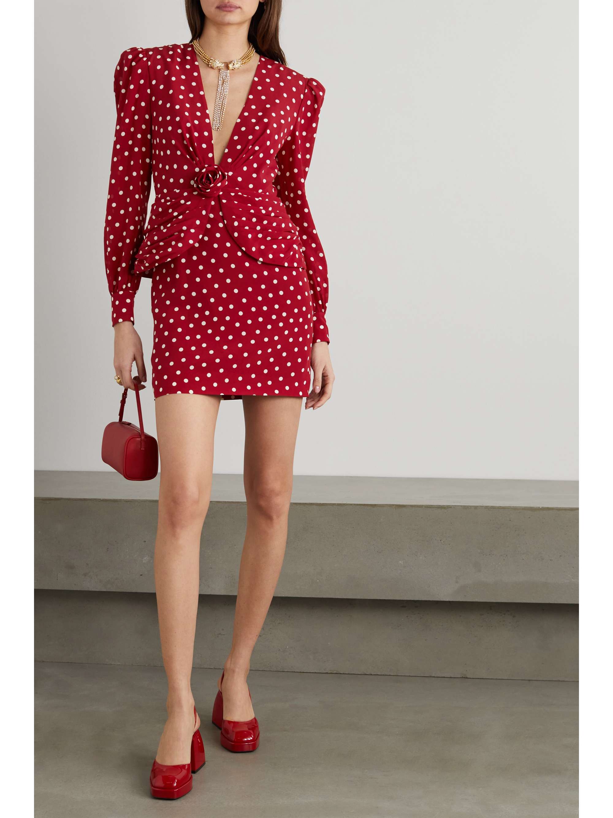 ALESSANDRA RICH Ruched polka-dot silk crepe de chine mini dress