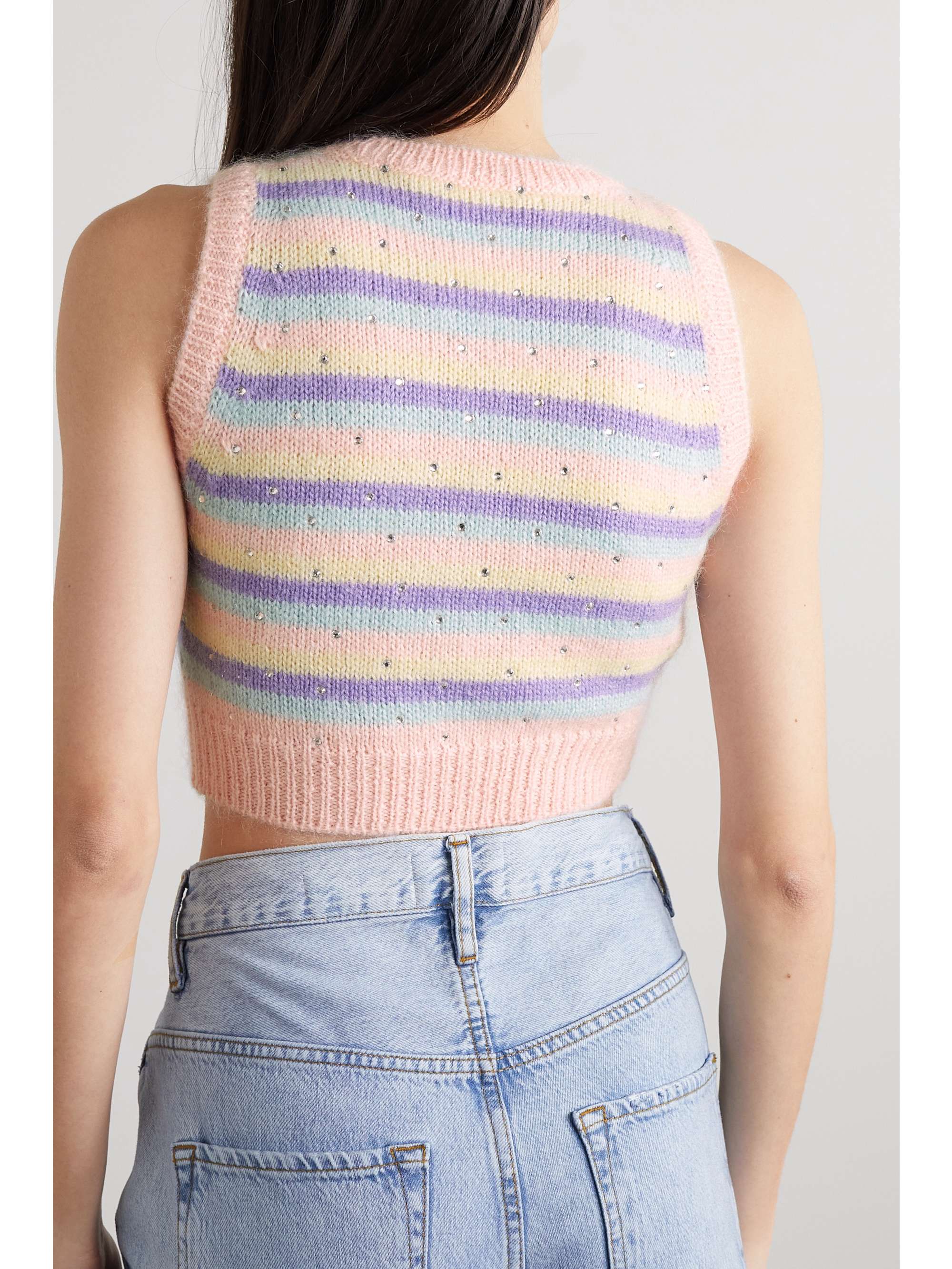 ALESSANDRA RICH Cropped crystal-embellished striped mohair-blend tank
