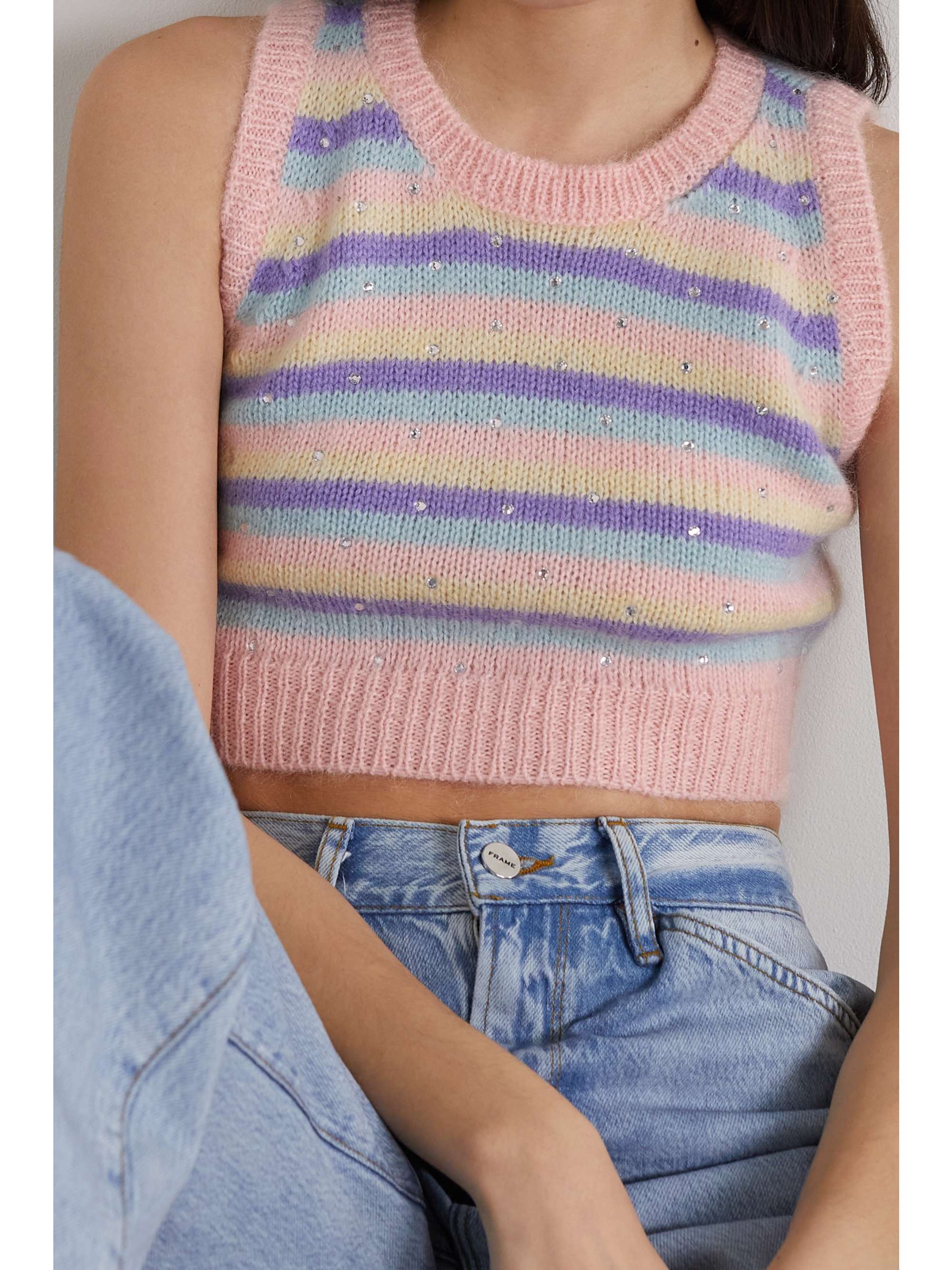ALESSANDRA RICH Cropped crystal-embellished striped mohair-blend tank