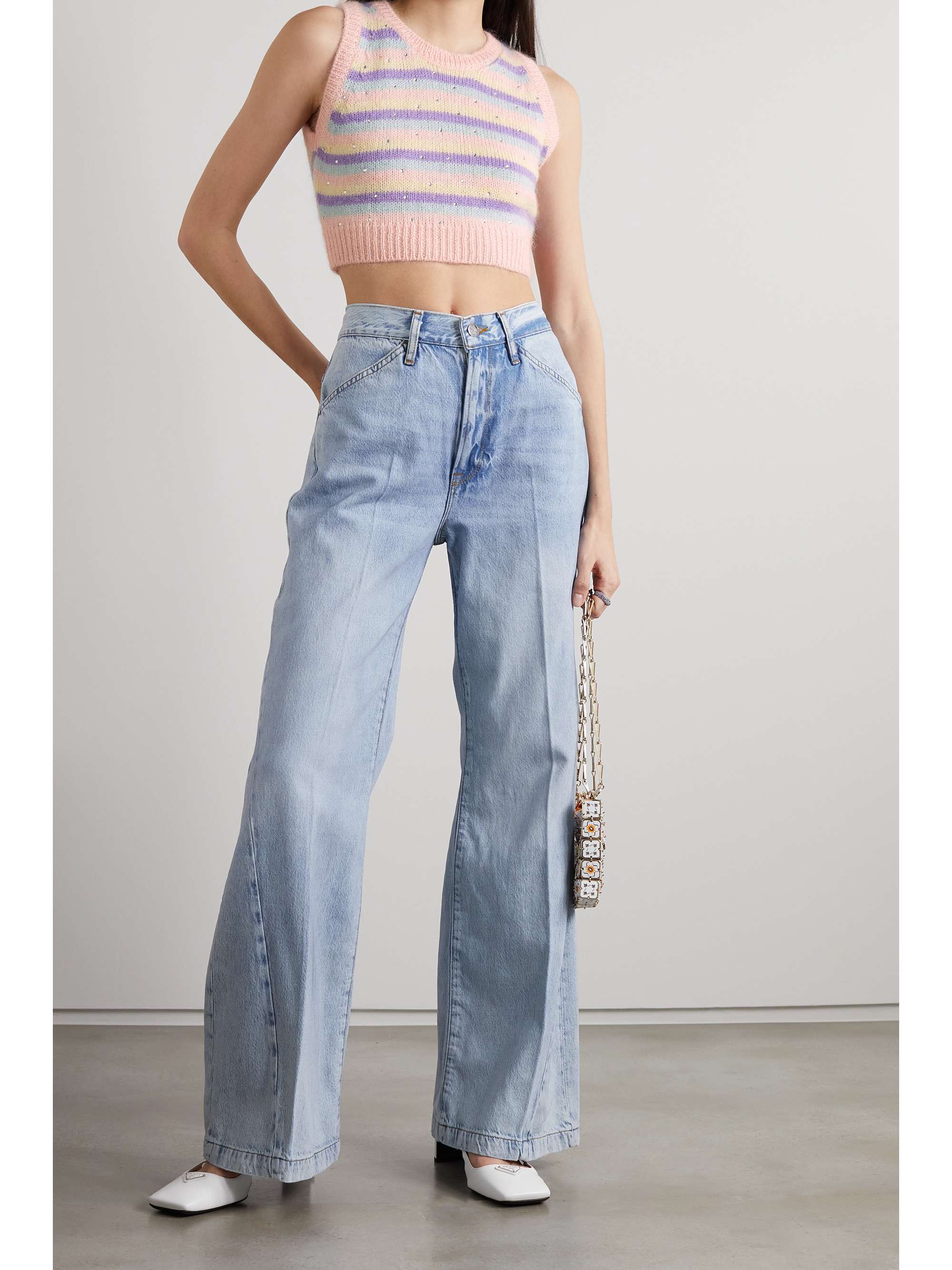 ALESSANDRA RICH Cropped crystal-embellished striped mohair-blend tank