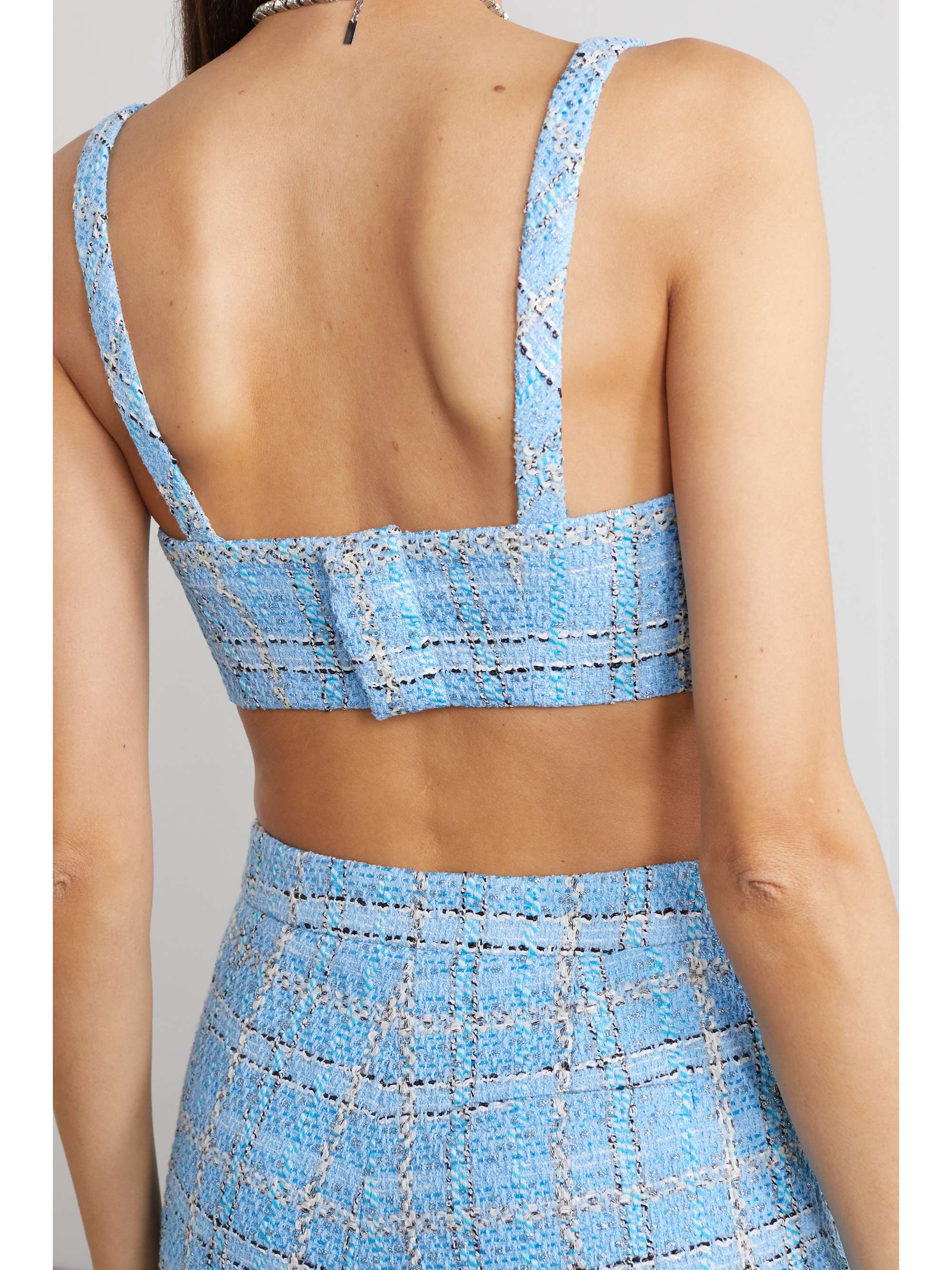 ALESSANDRA RICH Embellished checked metallic bouclé-tweed bralette