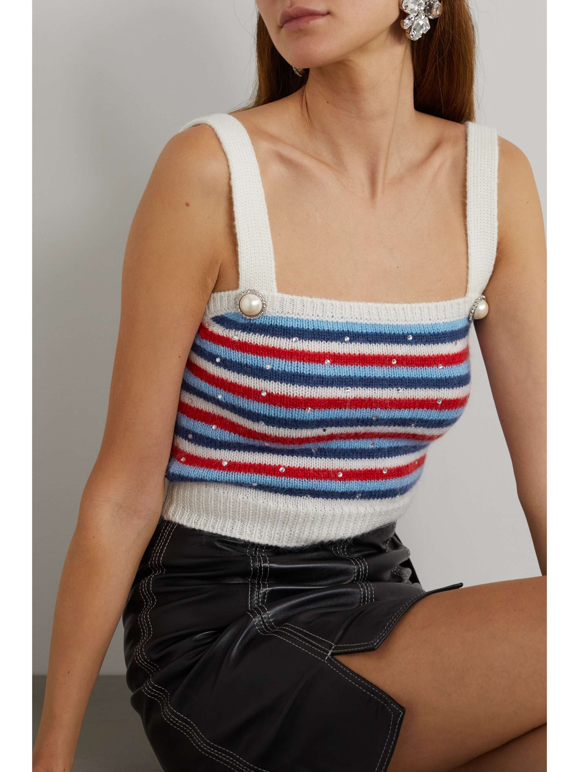 ALESSANDRA RICH Cropped embellished striped mohair-blend top
