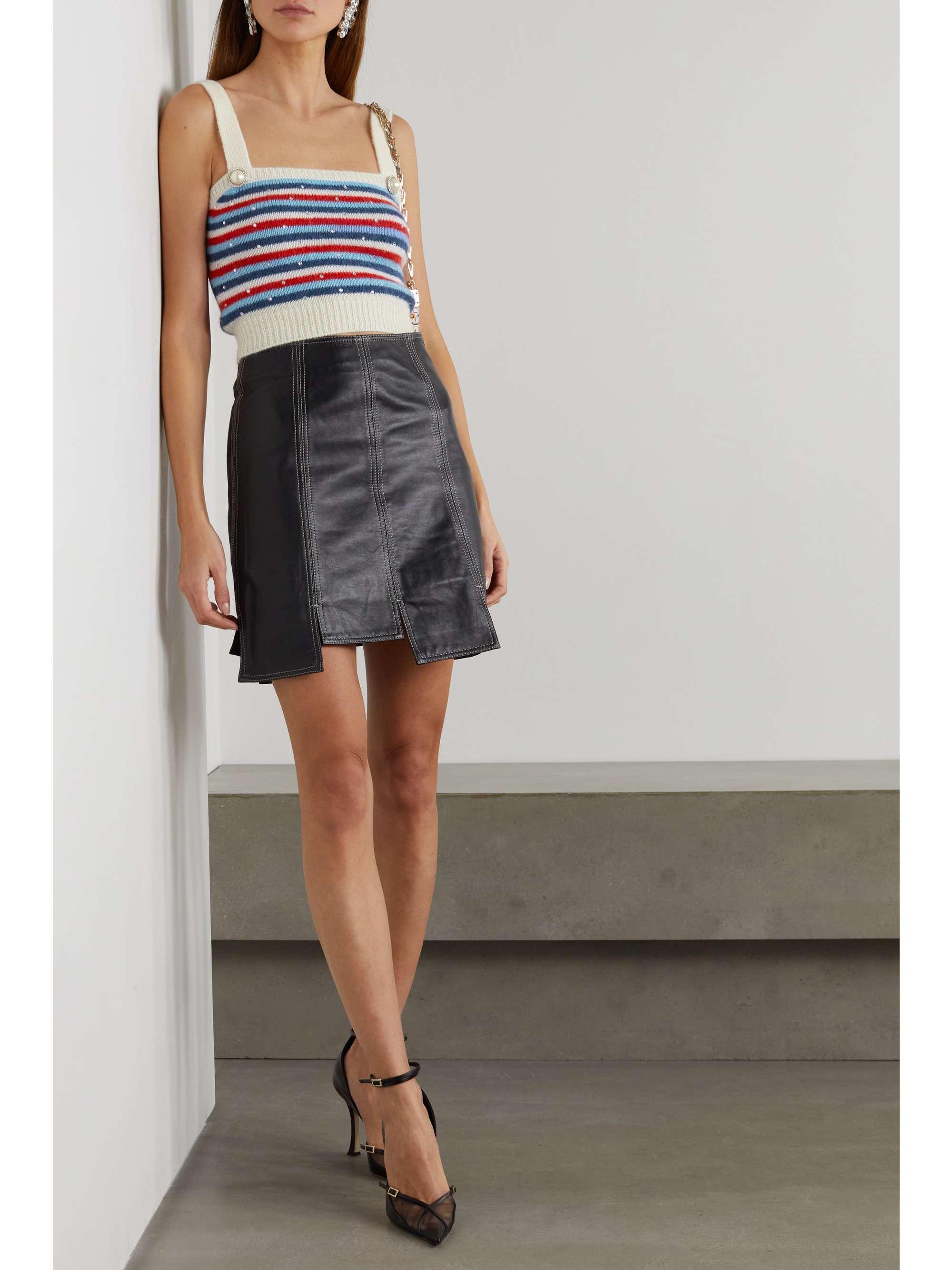 ALESSANDRA RICH Cropped embellished striped mohair-blend top