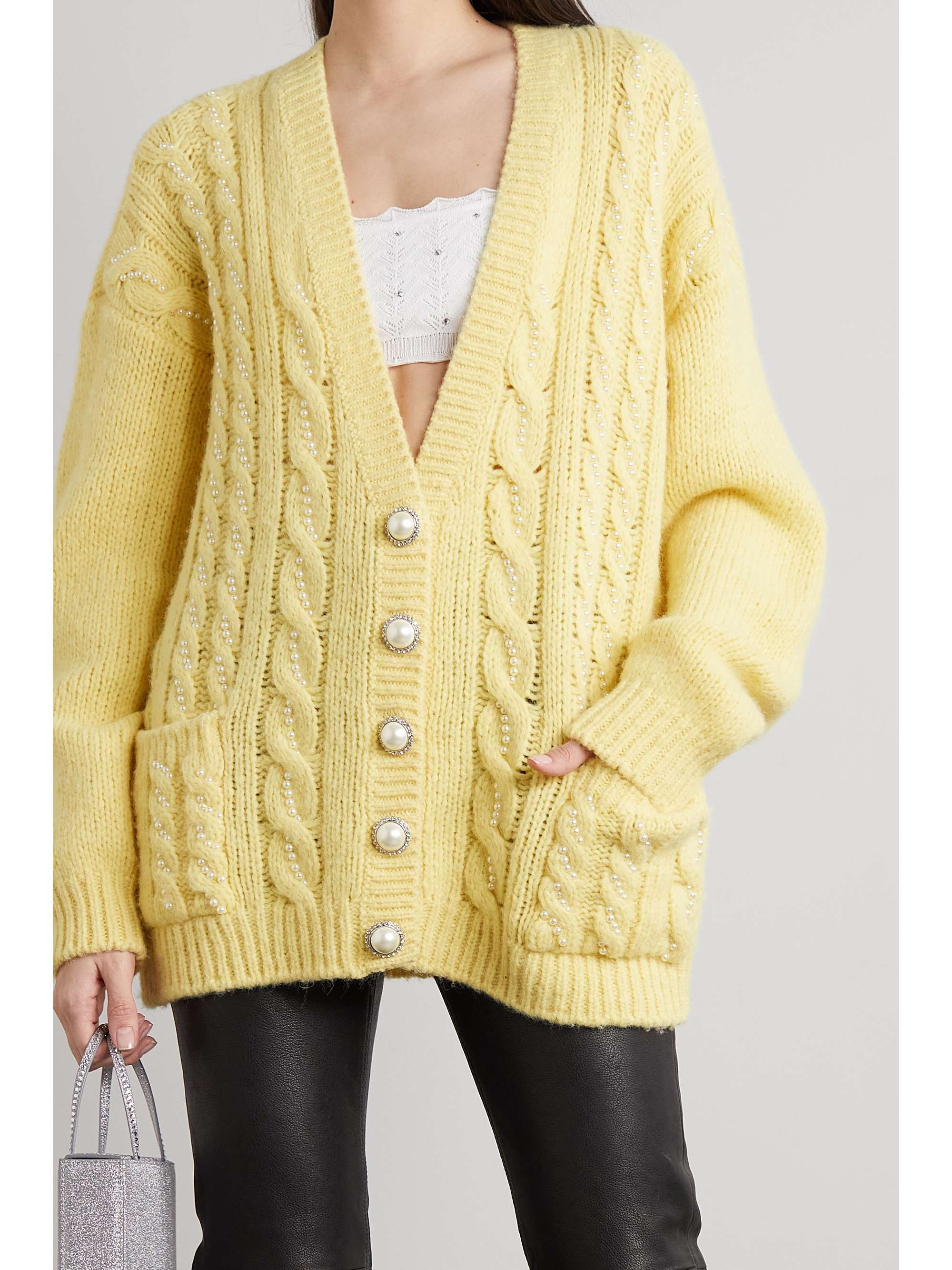 ALESSANDRA RICH Faux pearl-embellished cable-knit alpaca-blend cardigan