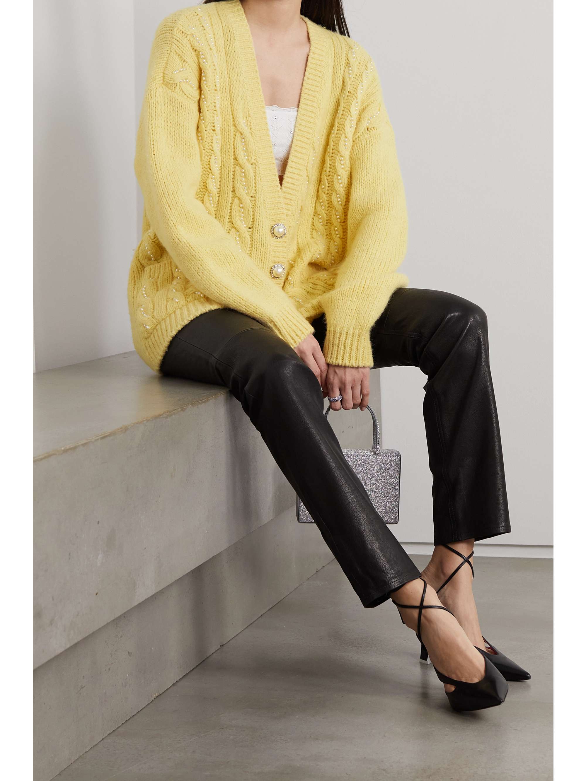 ALESSANDRA RICH Faux pearl-embellished cable-knit alpaca-blend cardigan